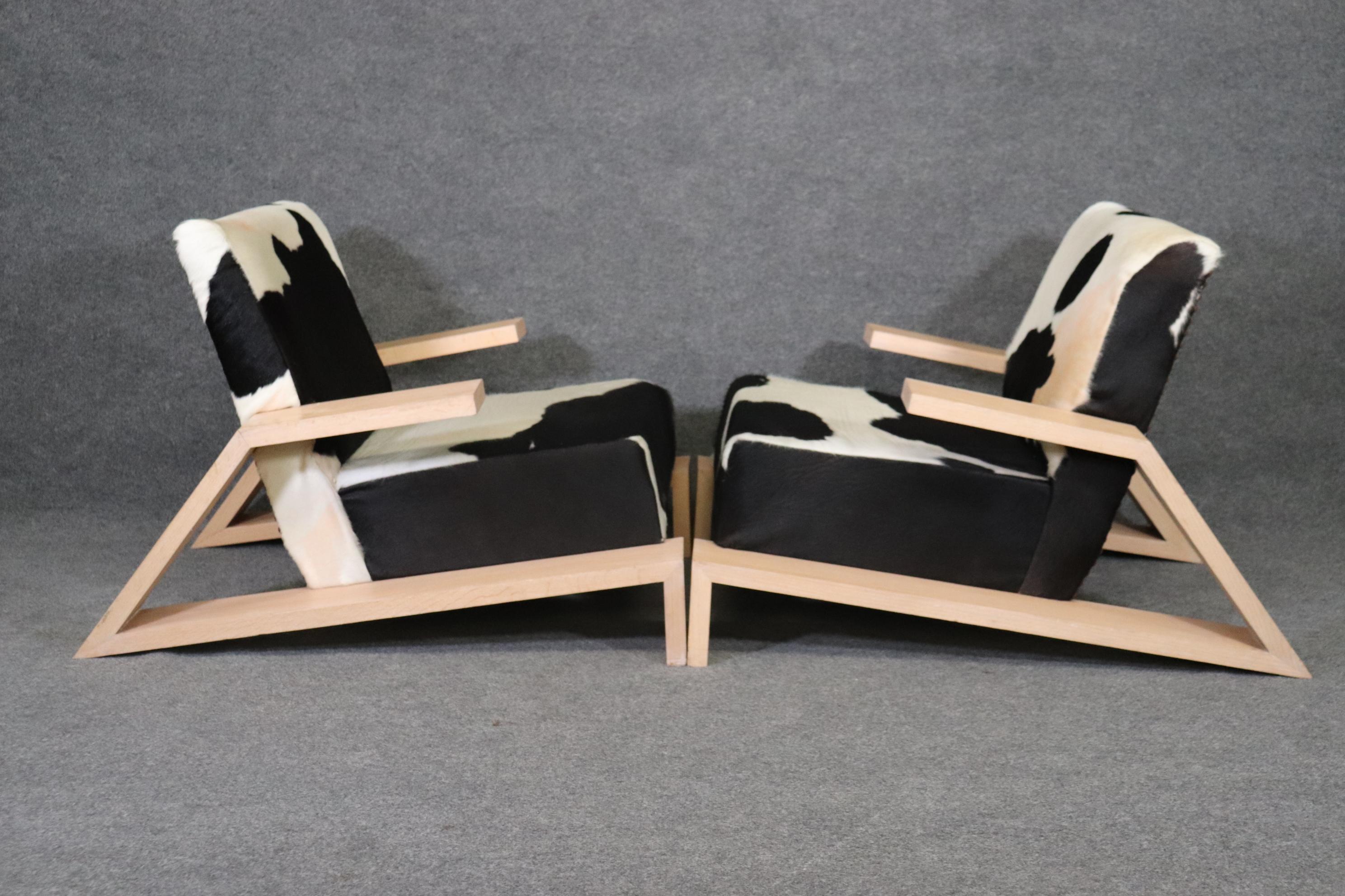 European Pair of Mid-Century Modern Cerused Oak Elephant Chairs in Cowhide For Sale