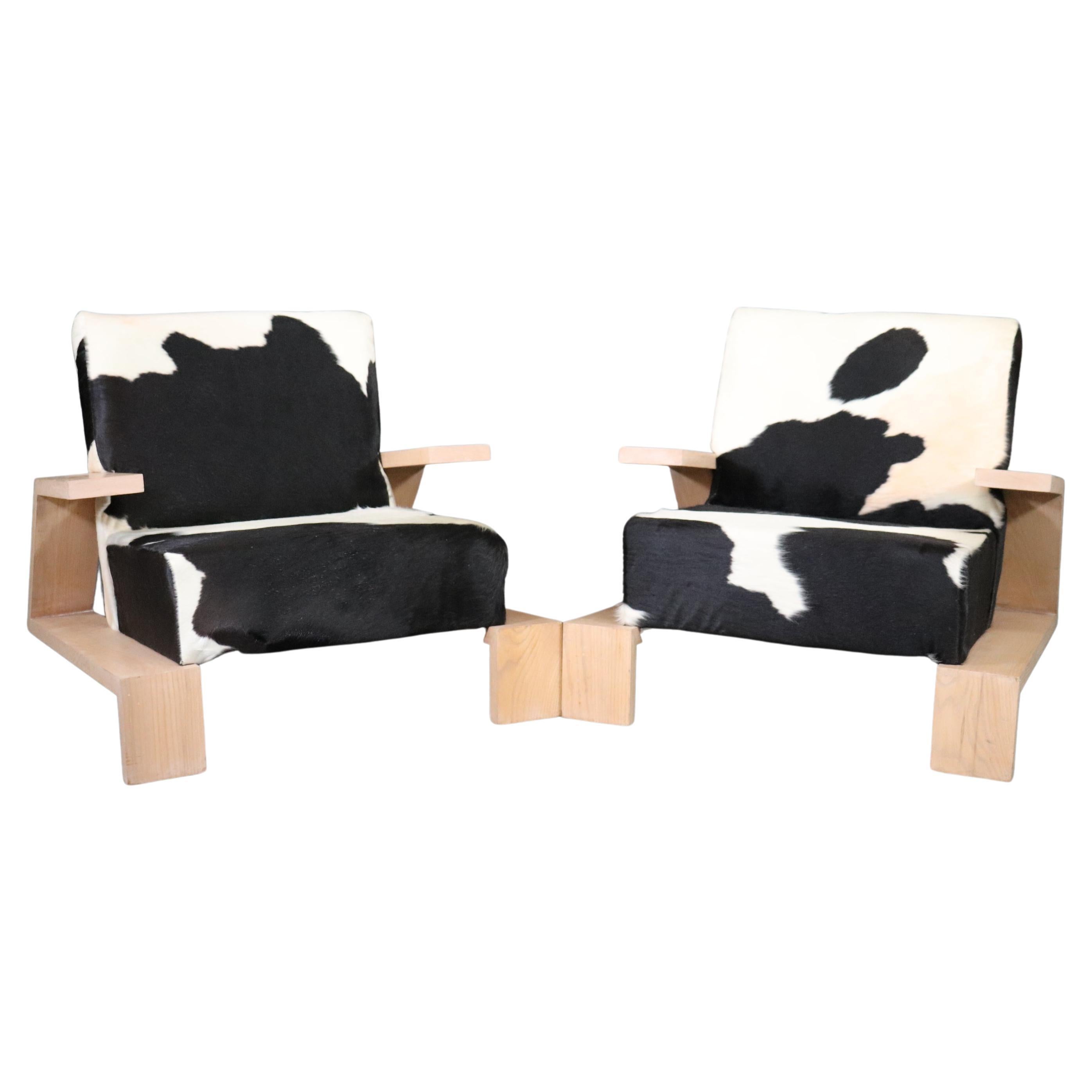 Pair of Mid-Century Modern Cerused Oak Elephant Chairs in Cowhide For Sale