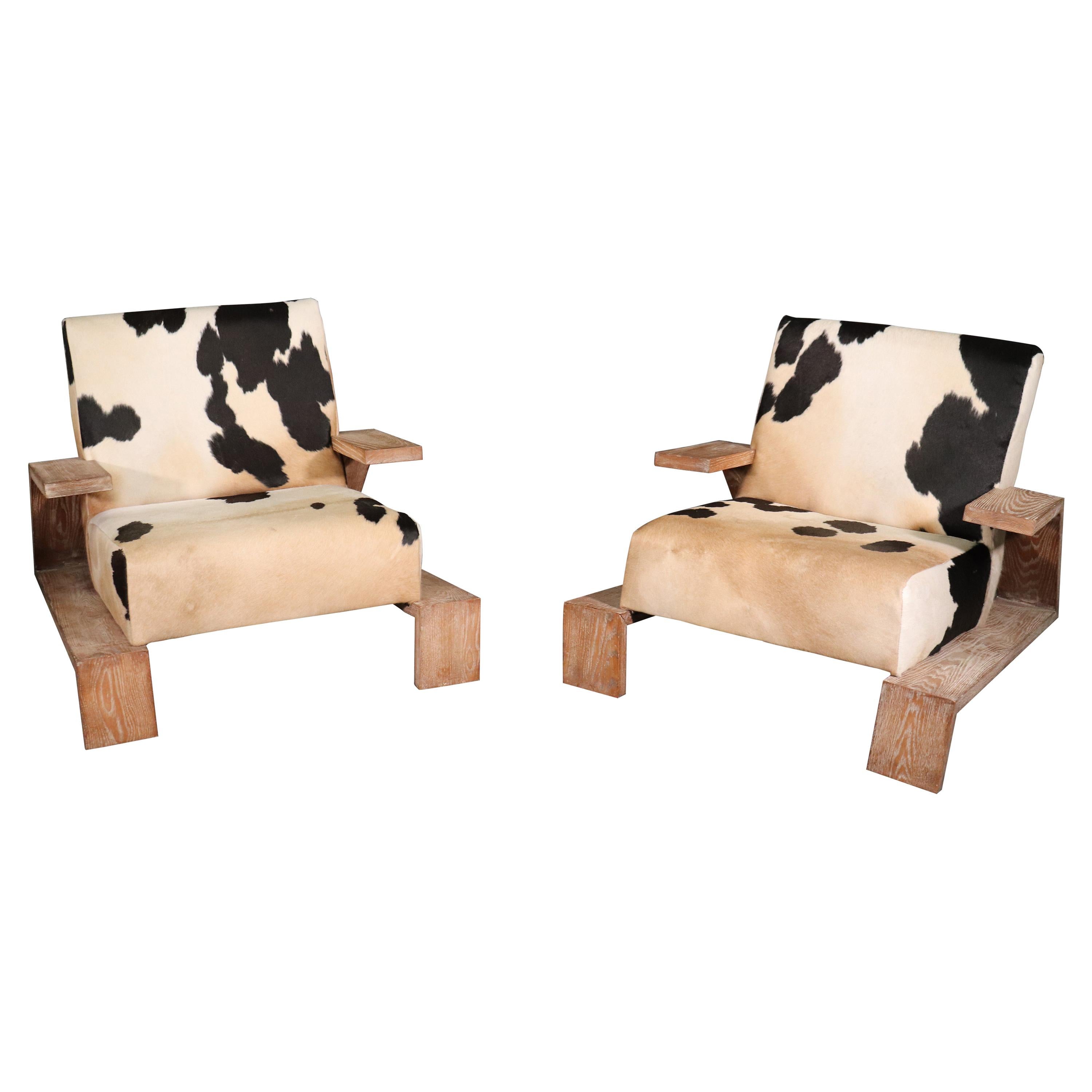 Cerused Oak Jean Michel Frank Attributed Italian Cowhide Leather Club Chairs