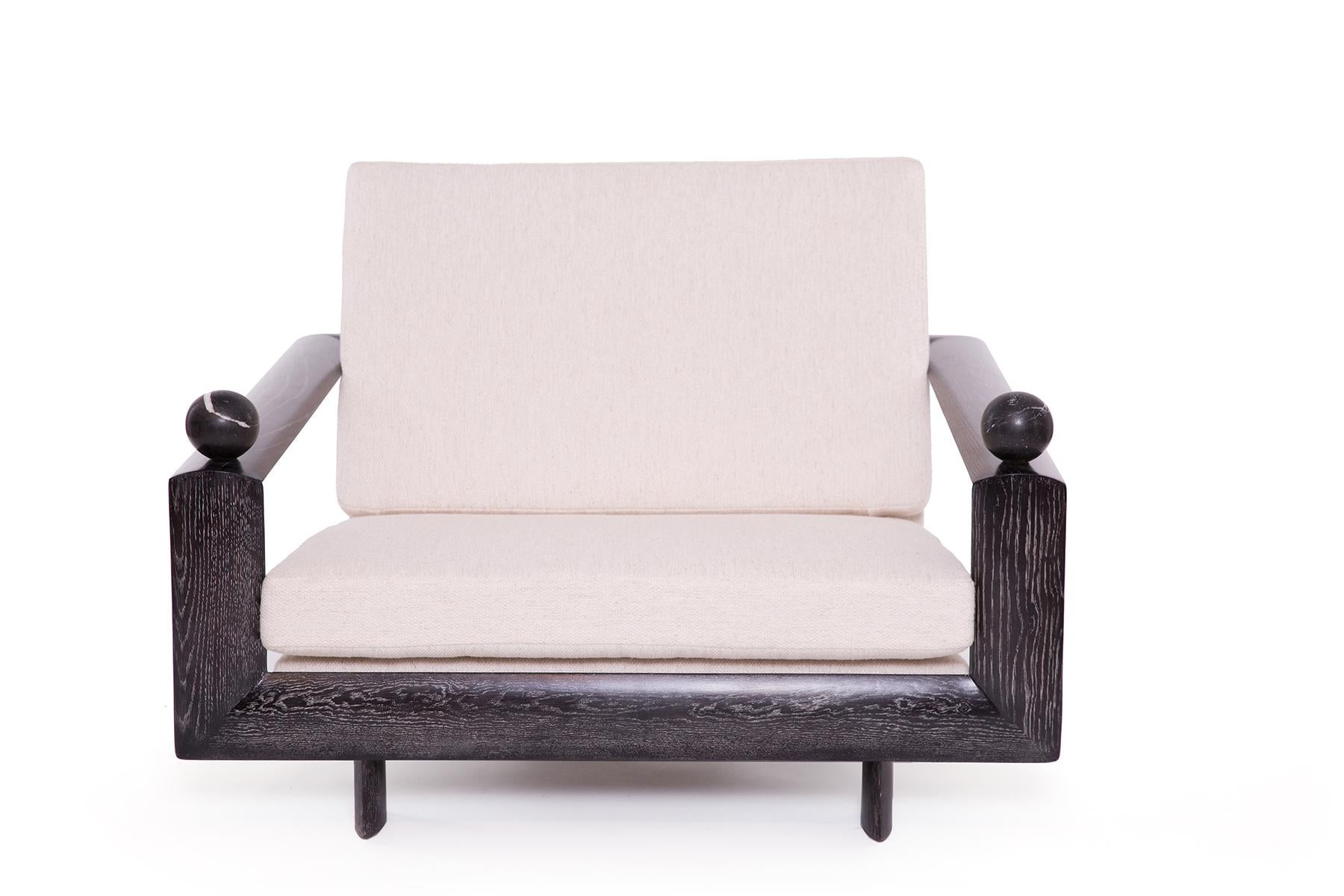 European Cerused Oak Marble and Upholstered Lounge Chairs