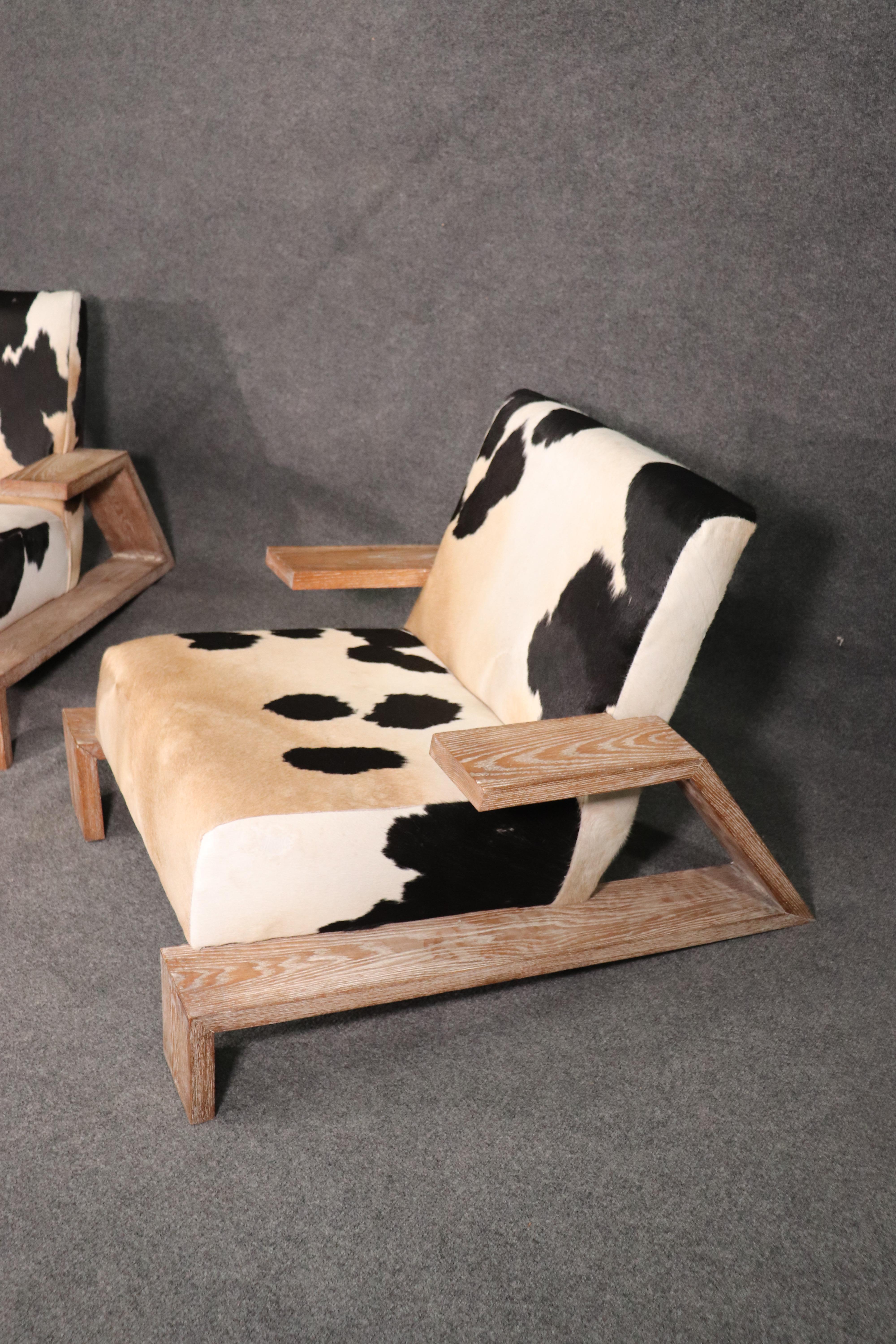Cerused Oak Mid-Century Modern Italian Cowhide Leather Club Chairs, circa 1950s 1