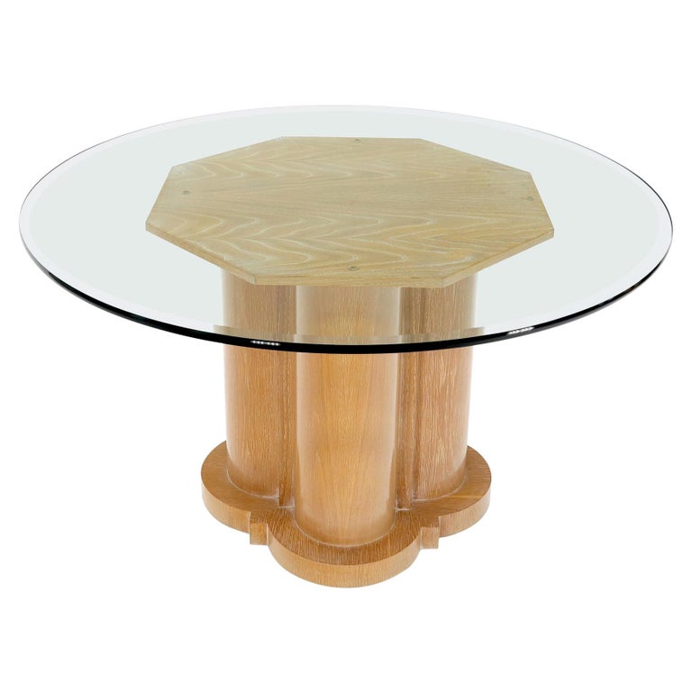 Cerused Oak Triple Cylinder Base Round Glass Top Dining Conference