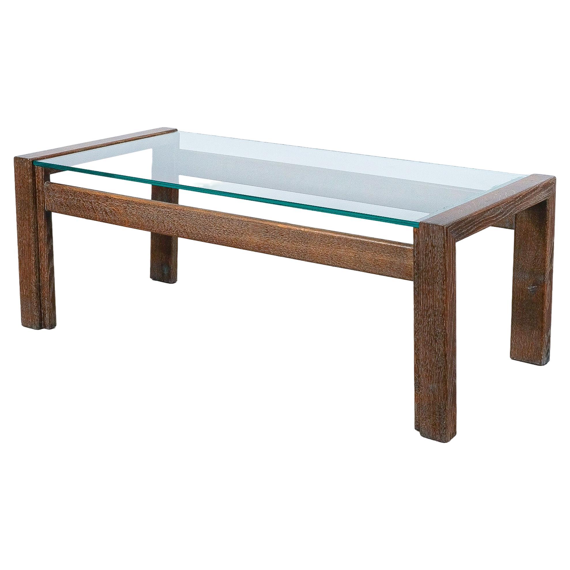 Cerused Oak Wood Coffee Table Glass Top France, circa 1940 For Sale