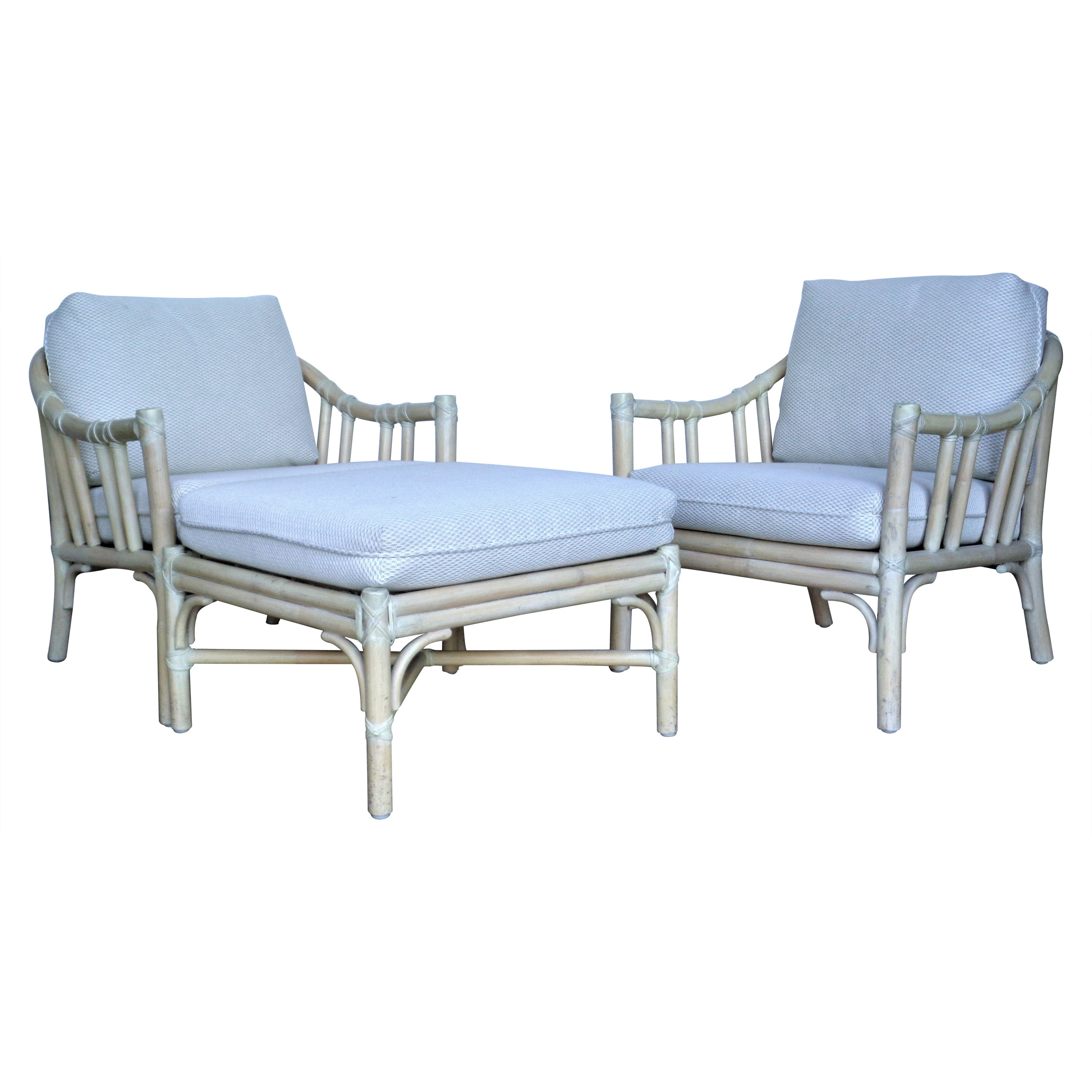 Cerused Rattan Large Lounge Chairs and Ottoman by McGuire
