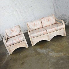 Cerused Reeded Rattan Love Seat & Lounge Chair Organic Modern