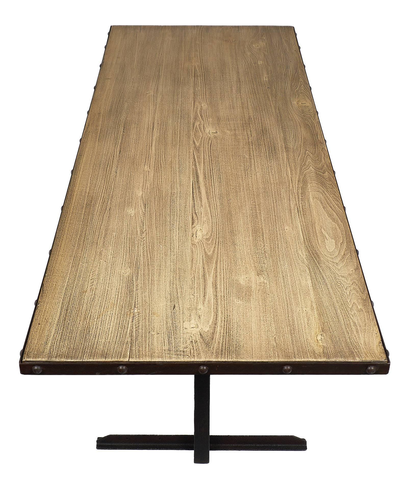 Cerused Wood Topped Industrial Dining Table In Excellent Condition For Sale In Austin, TX