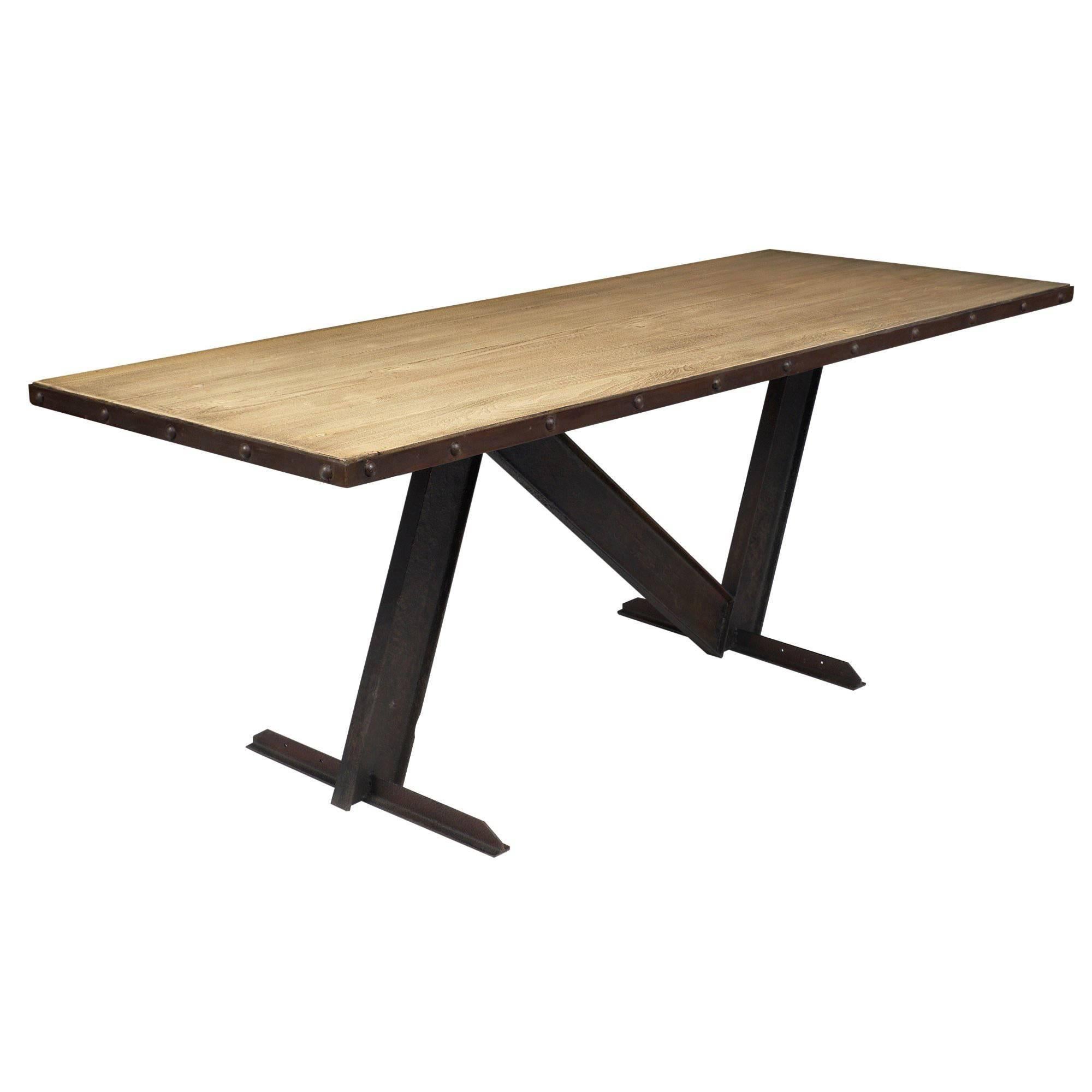 Cerused Wood Topped Industrial Dining Table For Sale