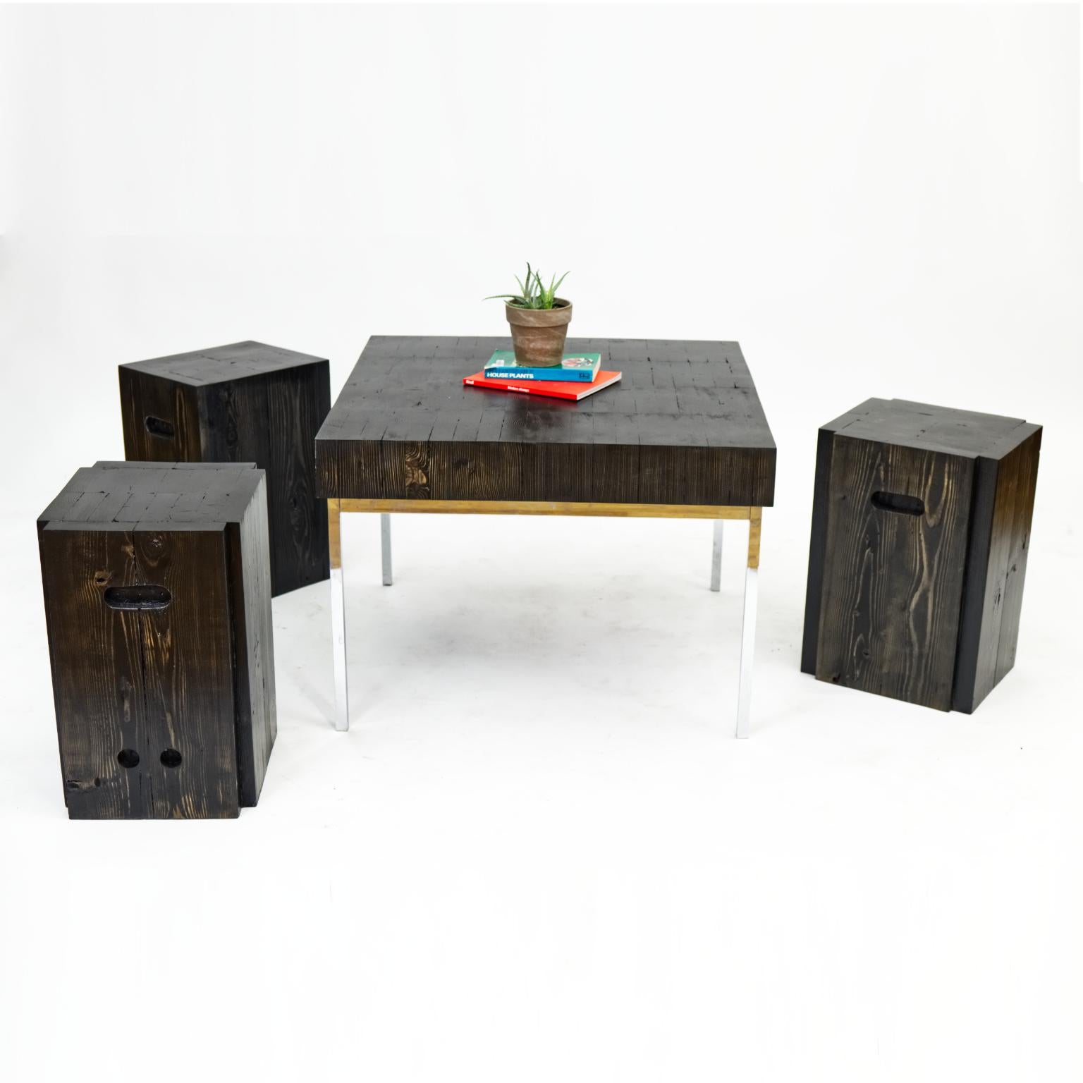 American Cerussed Black Coffee Table with Stainless Steel Base Modern Minimal End Grain