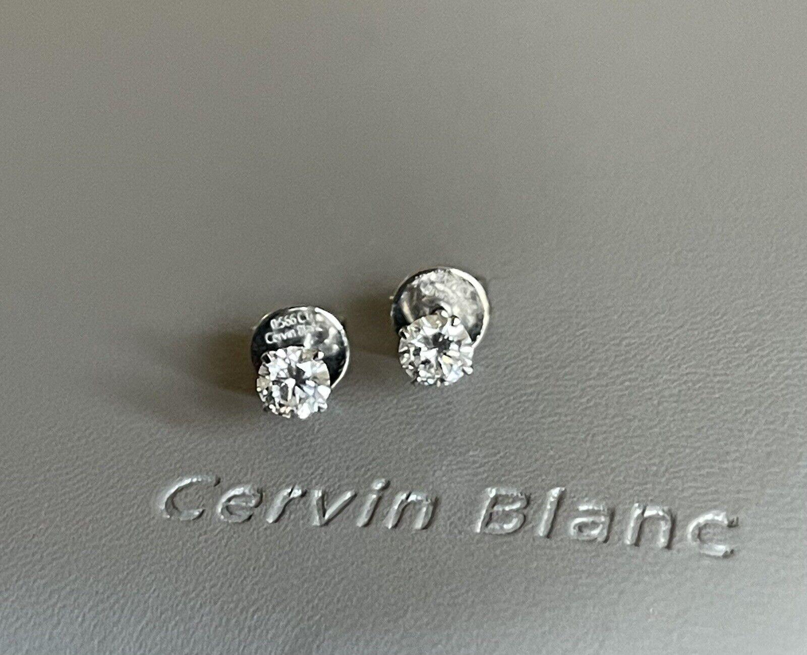 Women's Cervin Blanc 18ct White Gold Solitaire Diamond Earrings 0.57ct Hidden Halo Studs For Sale