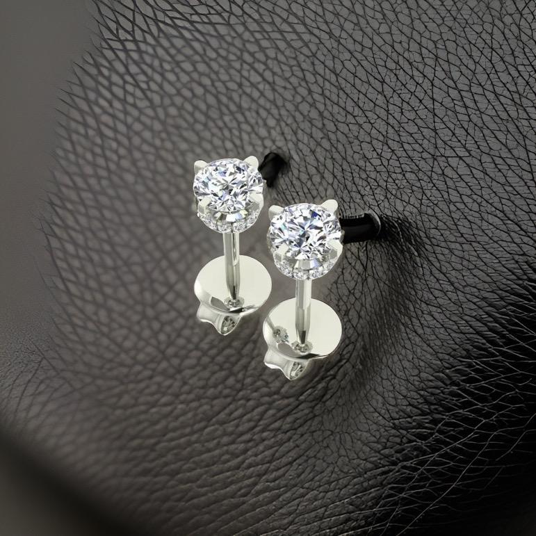 Cervin Blanc 18ct White Gold Solitaire Diamond Earrings 0.57ct Hidden Halo Studs For Sale 3