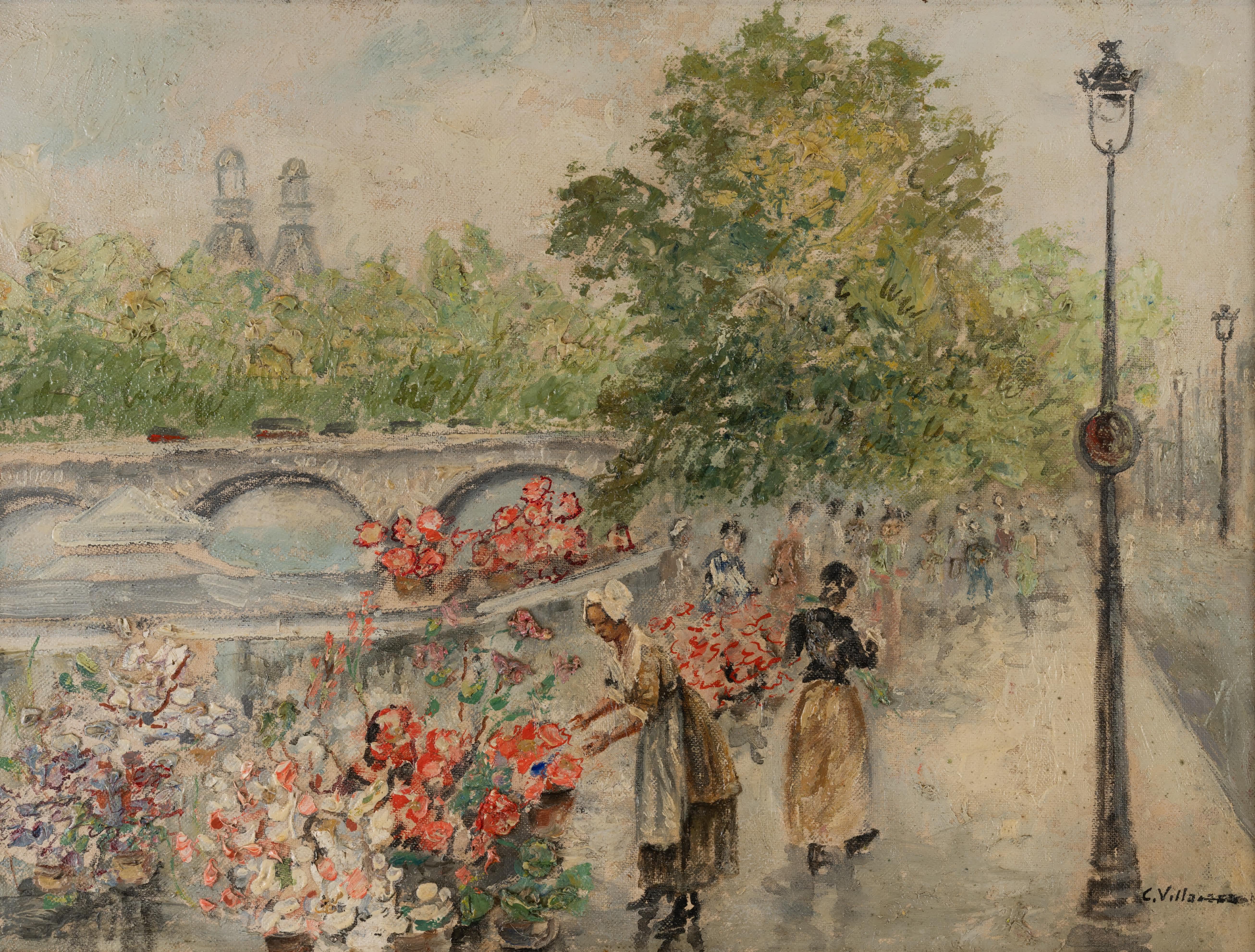 Blumenmarkt in Paris (Impressionismus), Painting, von Cesar A. Villacres