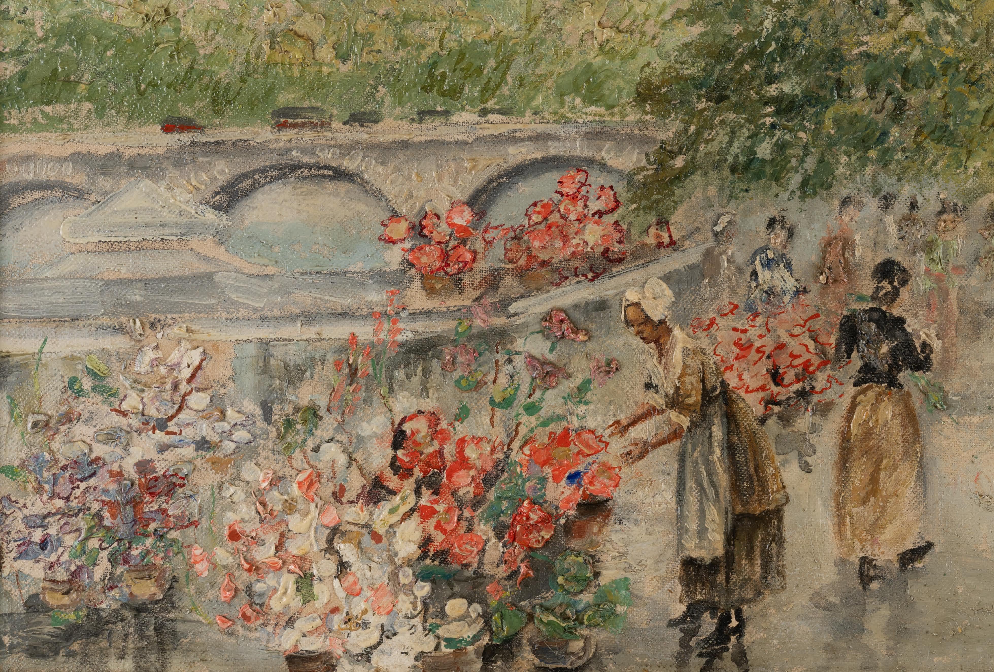 Cesar Villacres
Ecuador, 1880-1941
Blumenmarkt in Paris

Öl auf Karton
12 x 16 Zoll, mit Rahmen 17 ¼ x 21 Zoll
Signiert unten rechts

Cesar Villacres war ein ecuadorianischer Künstler, der in Südamerika und Paris arbeitete. Er stellte in mehreren