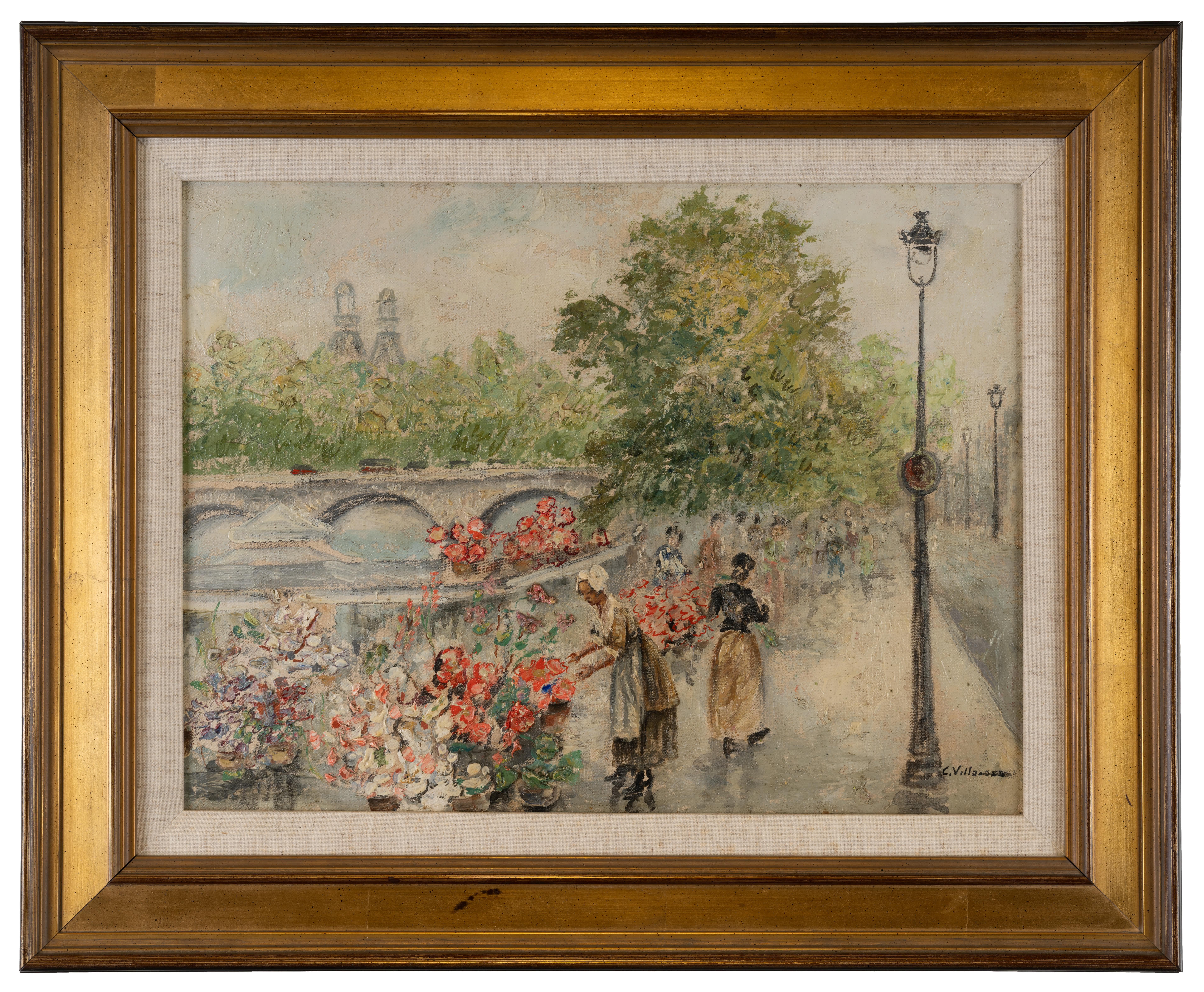 Blumenmarkt in Paris – Painting von Cesar A. Villacres