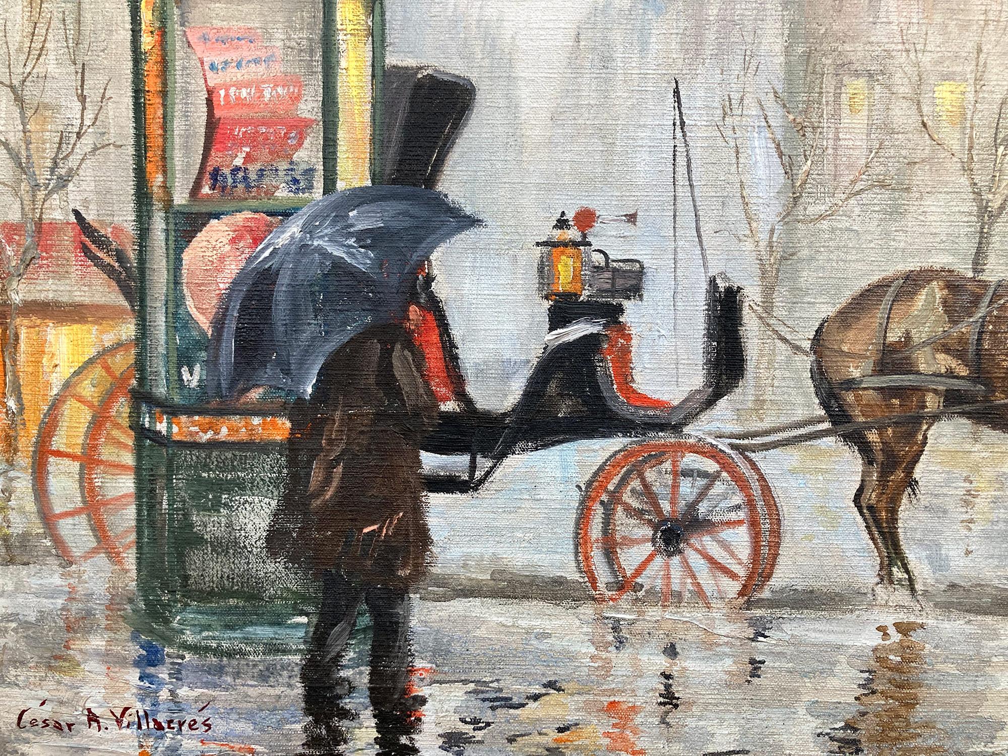 Cesar A. Villacres era conocido por sus escenas callejeras impresionistas que representaban Francia. Este cuadro es una escena callejera tremendamente viva y vívida de París de principios del siglo XX de un caballo con carruaje bajo la lluvia con