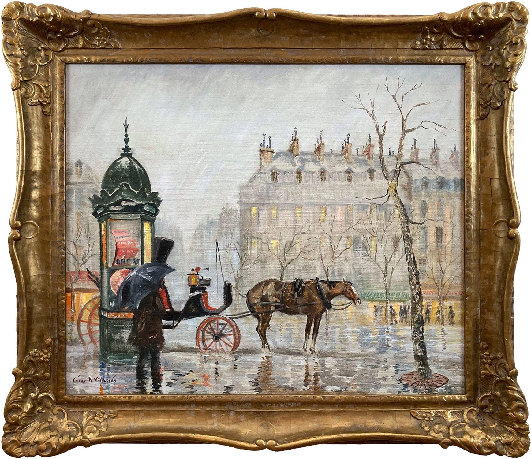 Cesar A. Villacres Figurative Painting - "Parisian Street Scene in Rain" French Impressionist Oil Painting on Canvas