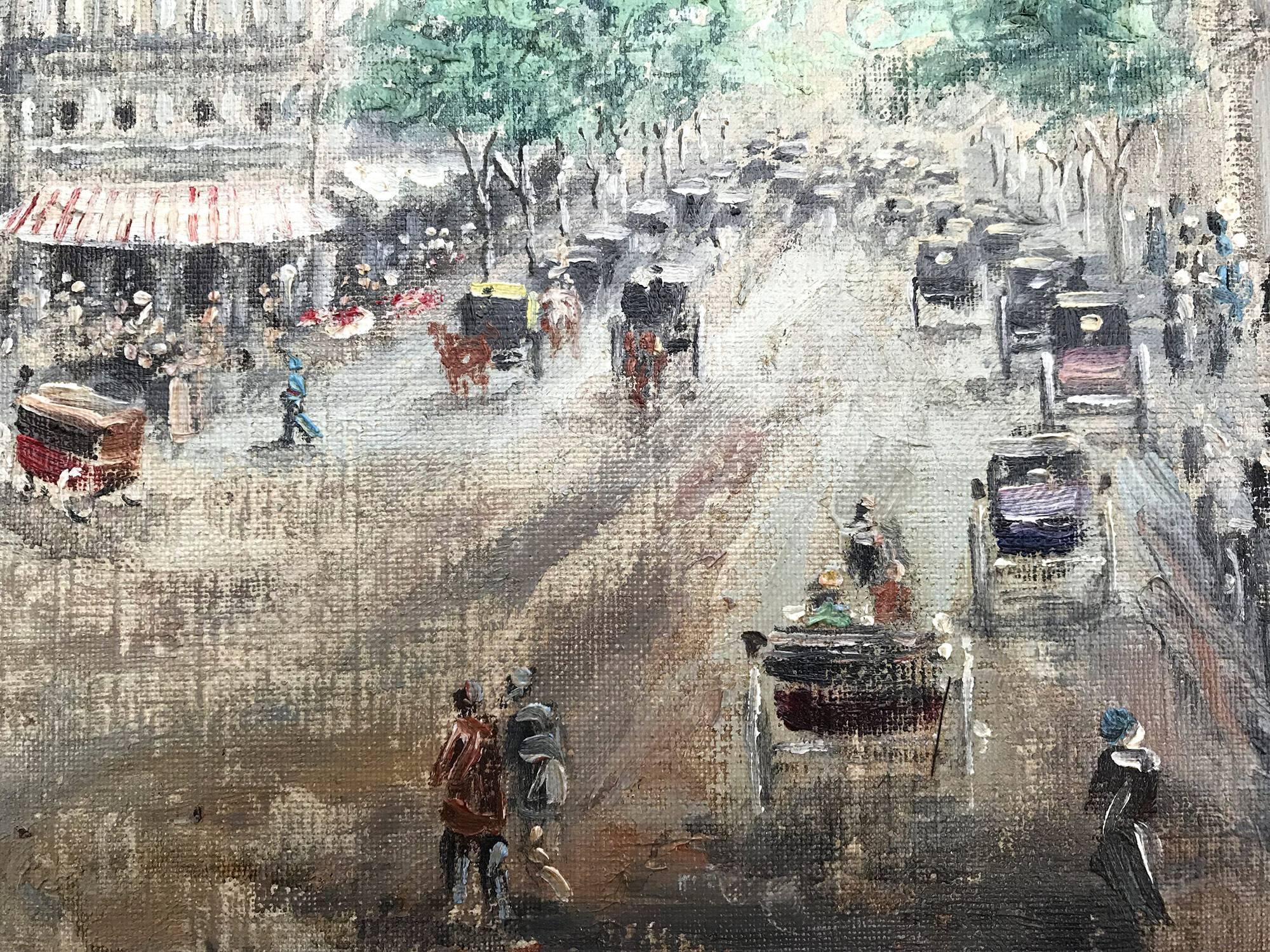 Cesar A. Villacres was known for his impressionistic street scenes depicting France. This painting is a tremendously vivid and alive street scene from Paris in the 20th Century of Rue de la Paix. People are going about their day; street vendors and