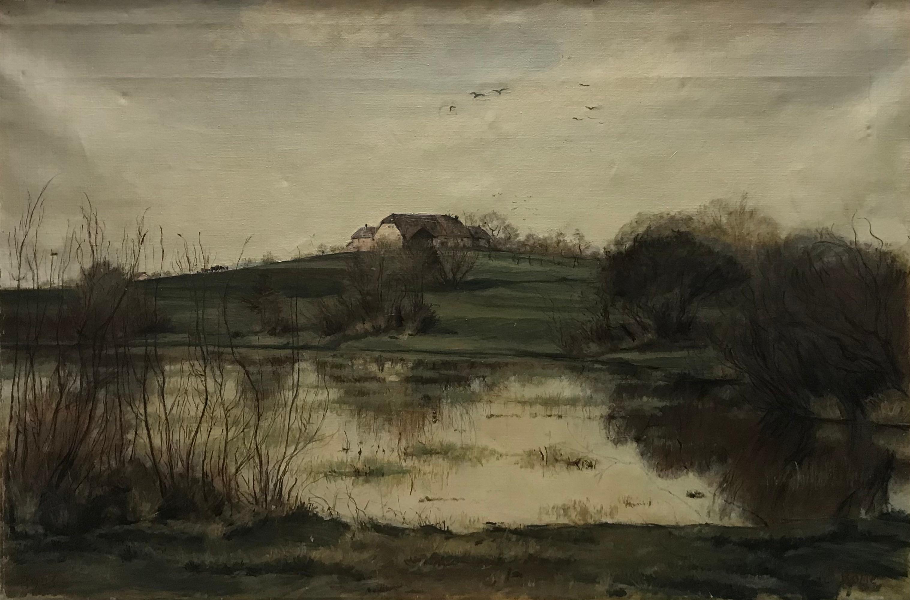 César Alphonse Bolle Landscape Painting - "At the edge of the pond" by Cesar Bolle - oil on canvas 70x105 cm