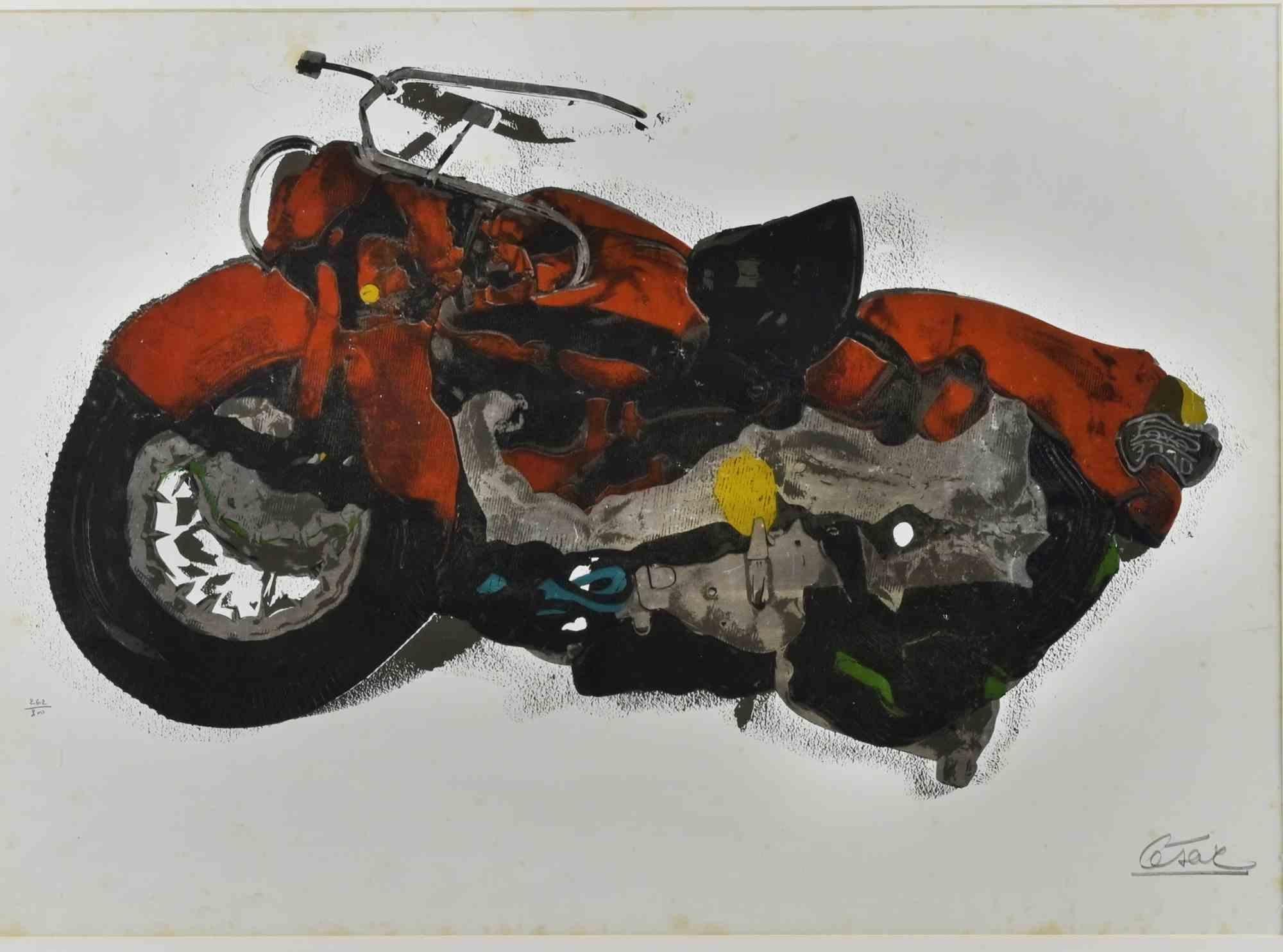 The Motorbike is a contemporary artwork realized by César Baldaccini in 1972.

Mixed colored screen print

Hand signed and numbered on the lower margin

Edition of 262/300

Includes frame

Fair conditions (diffused foxings)