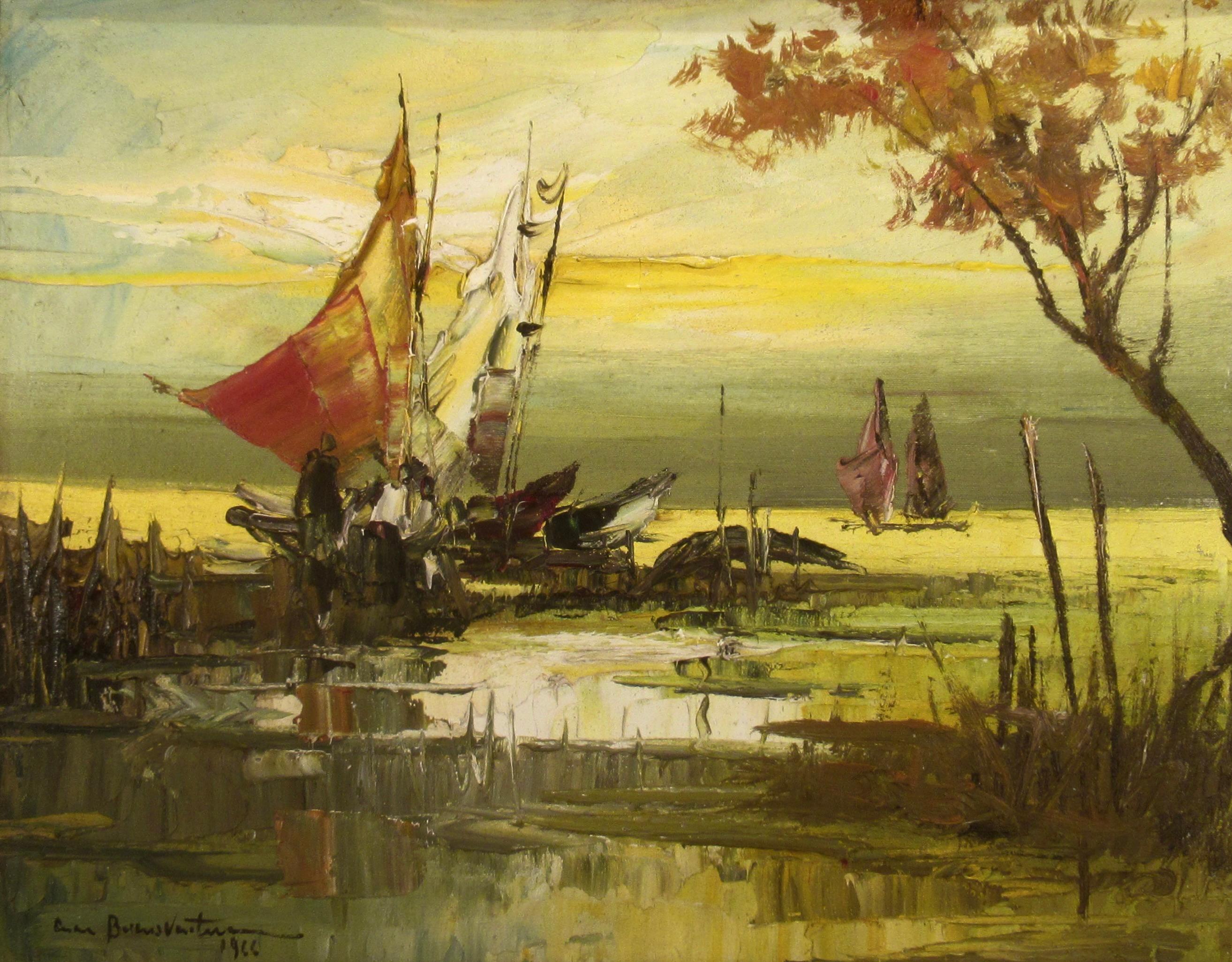 Fishing Boats - Painting by Cesar Buenaventura Espinosa