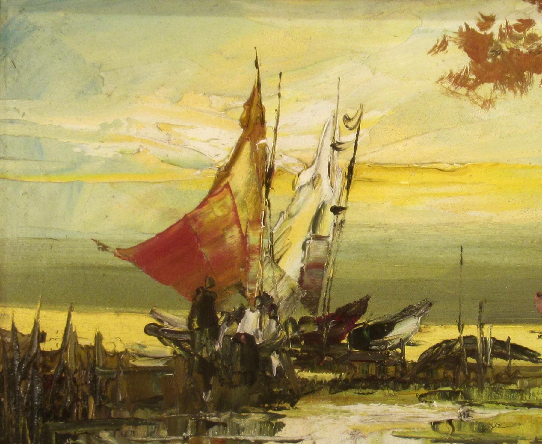 Bateaux de pêche - Impressionnisme Painting par Cesar Buenaventura Espinosa