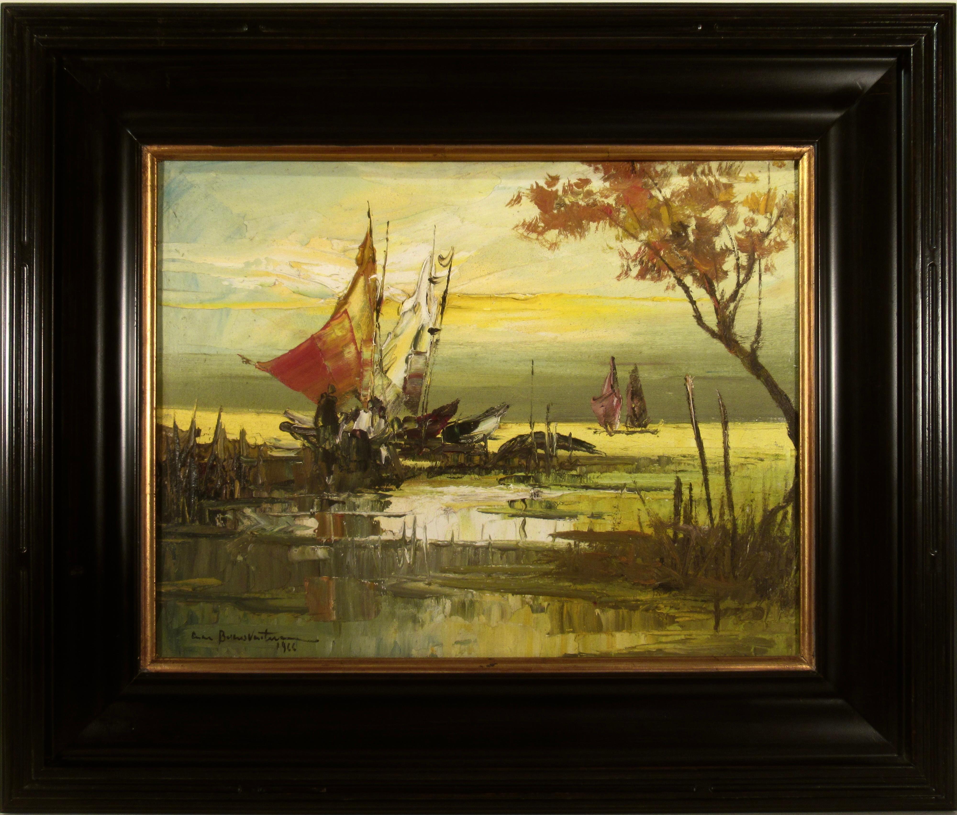 Landscape Painting Cesar Buenaventura Espinosa - Bateaux de pêche