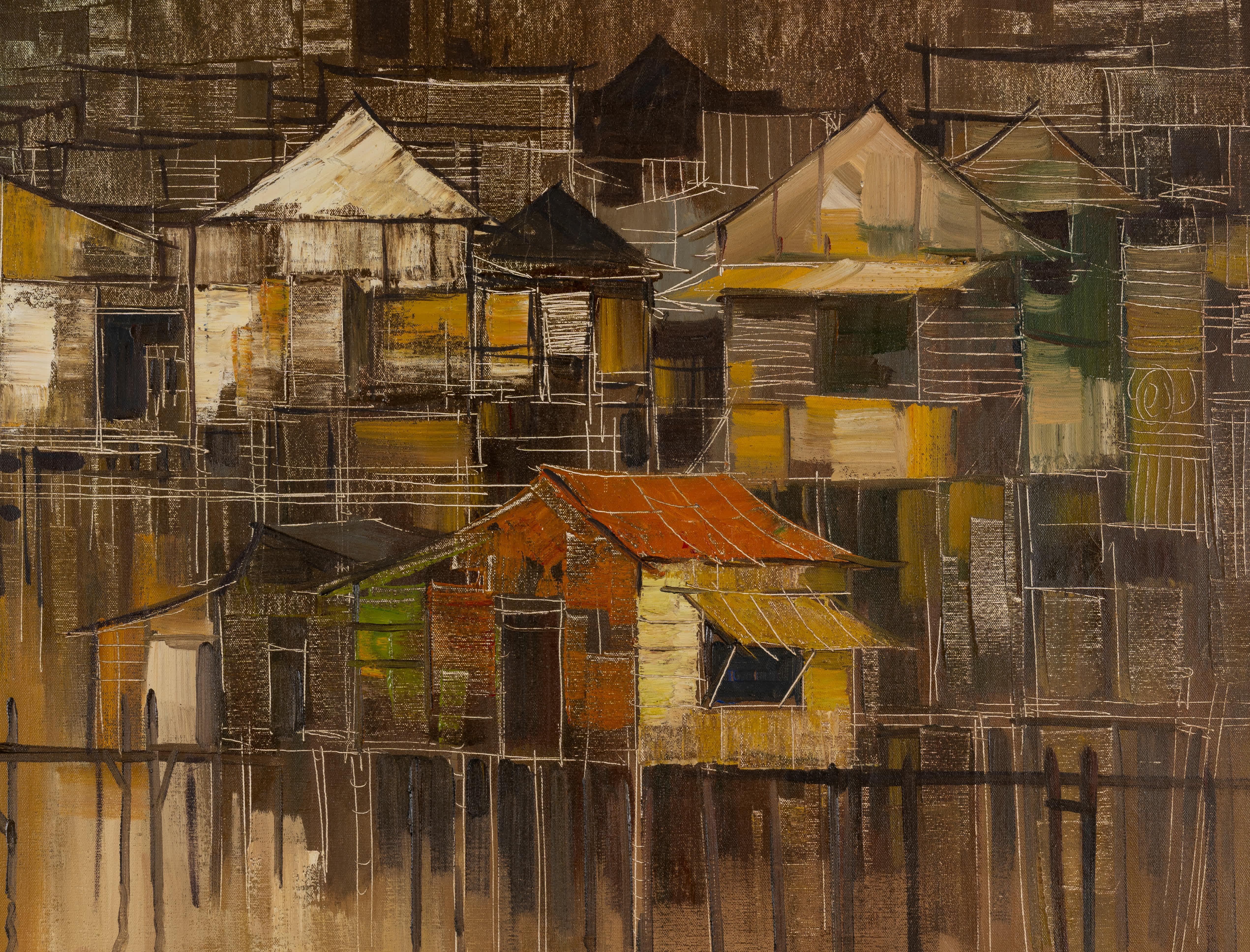 Cesar Buenaventura y Espinosa
Filipino, 1922-1983
Crowded Houses

Oil on canvas
23 ¾ by 35 ¾ in, w/ frame 30 ¼ by 41 ¾ in
Signed lower right and dated 1966

No one knows the exact scope or magnificence of the large body of work left behind by