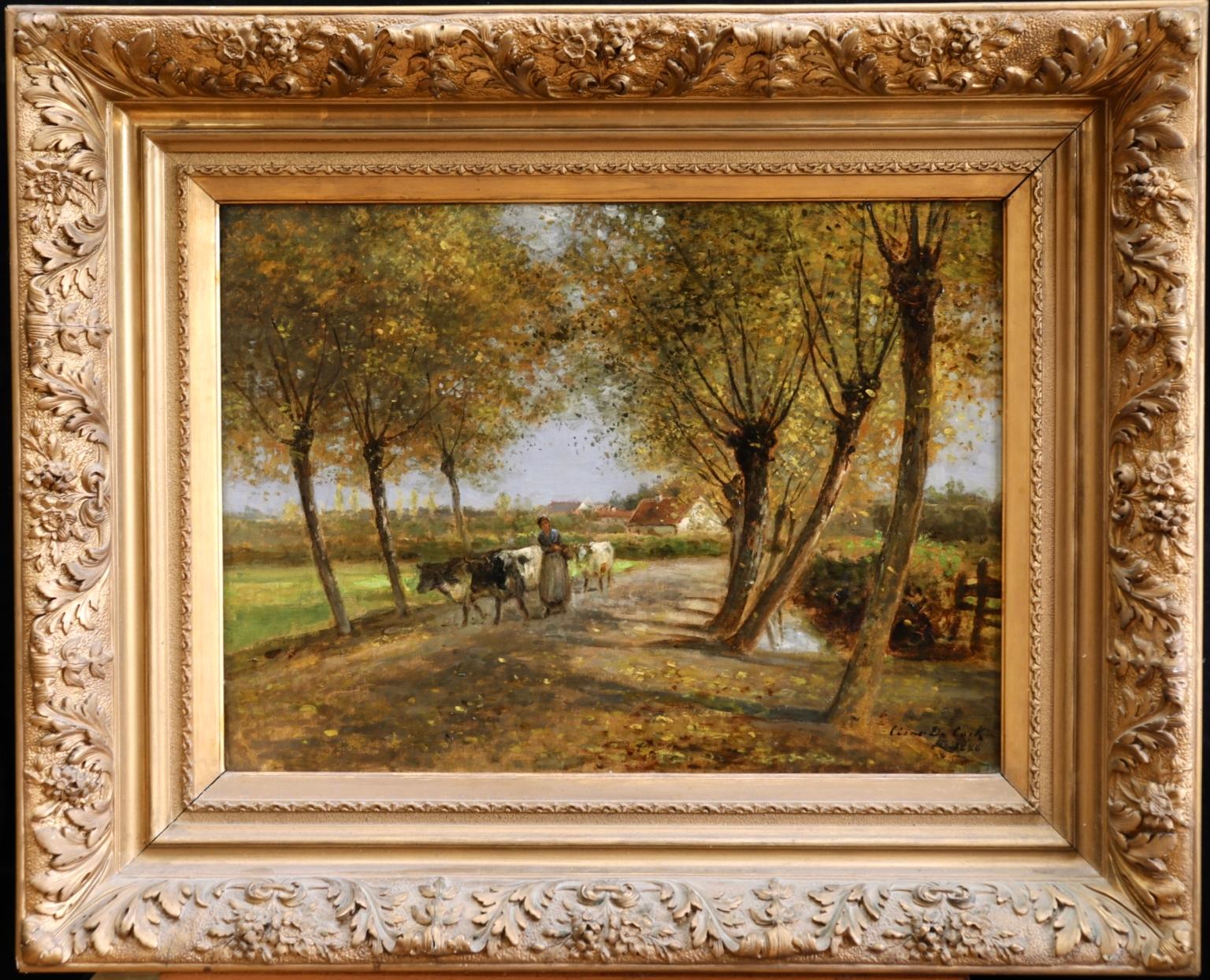 Herder & Cattle - Barbizon Oil, Figures & Cows in Landscape by Cesar De Cock - Painting by César De Cock