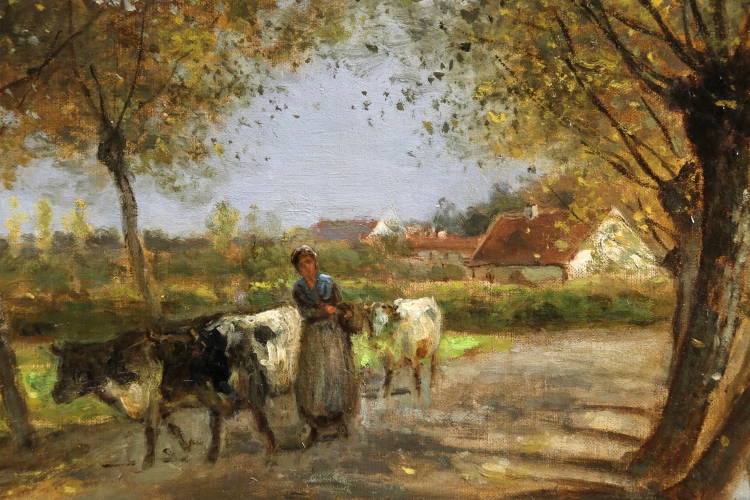 Herder & Cattle - Barbizon Oil, Figures & Cows in Landscape by Cesar De Cock - Barbizon School Painting by César De Cock