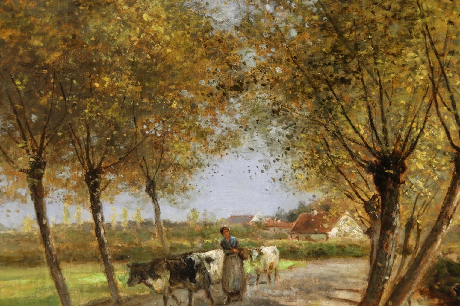 Herder & Cattle - Barbizon Oil, Figures & Cows in Landscape by Cesar De Cock 1