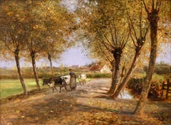 Herder & Cattle - Barbizon Oil, Figures & Cows in Landscape by Cesar De Cock