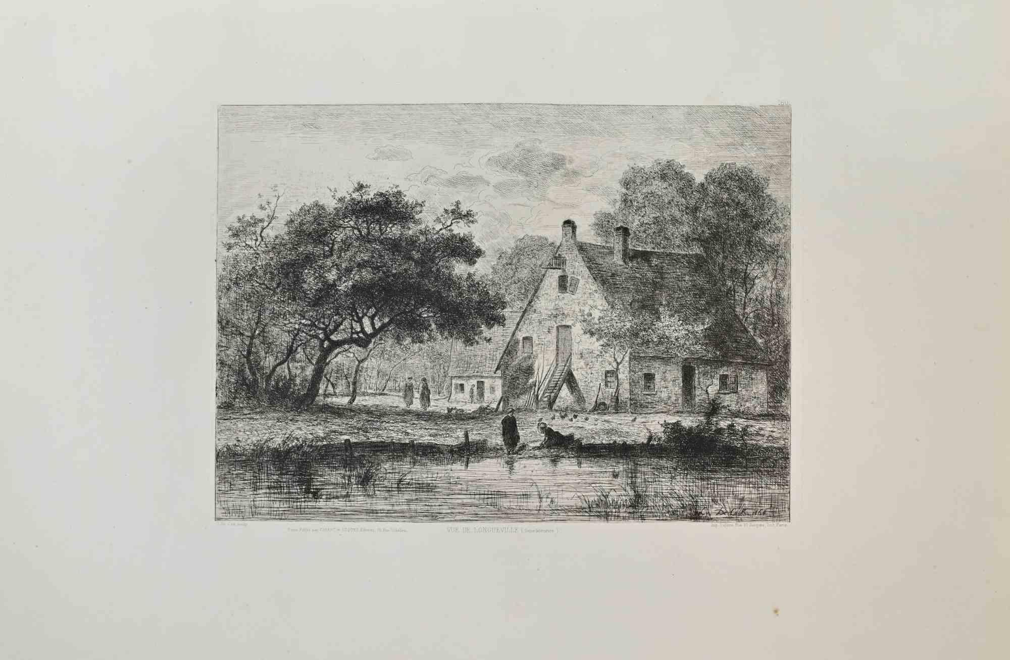 César De Cock Landscape Print - Vue de Longueville - Etching by César DE COCK - 1870s