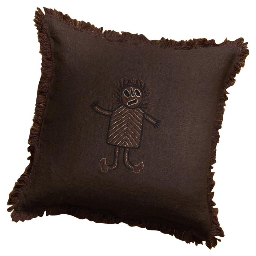 Cesar, Handmade Brown Linen Cushion with Embroidered Puppet For Sale
