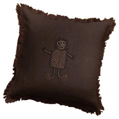 Cesar, Handmade Brown Linen Cushion with Embroidered Puppet
