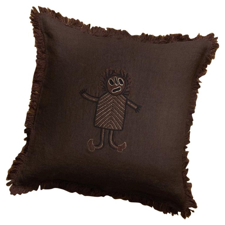 Cesar, Handmade Brown Linen Cushion with Embroidered Puppet For Sale at  1stDibs