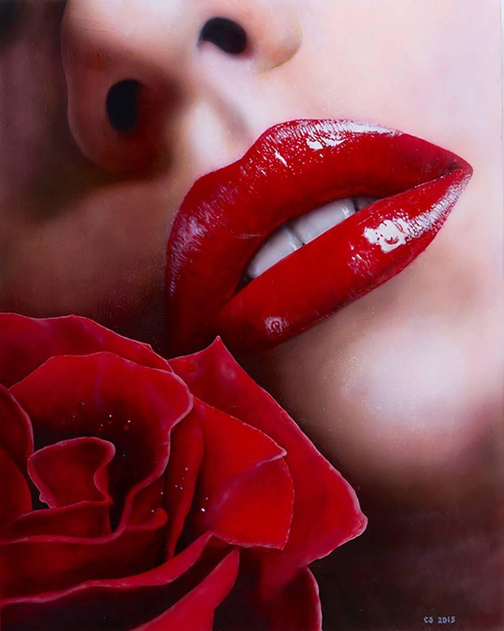 Cesar J. Santander Figurative Painting - Cesar Santander, Lips with Rose, Acrylic Painting
