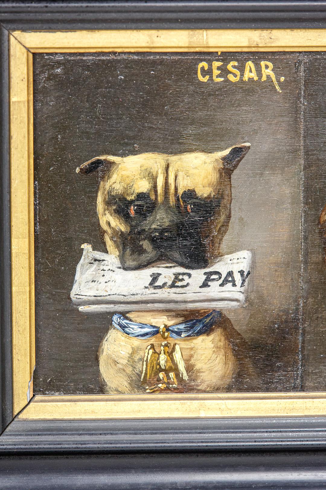 Charming trio of oil on panels of dogs holding various newspapers named Brutus, Cesar and Marquis. Signed Carena Felice, with another label verso. Painting in good condition, some losses to the frame, early 20th century, Italy.
Dimensions: 59cm x
