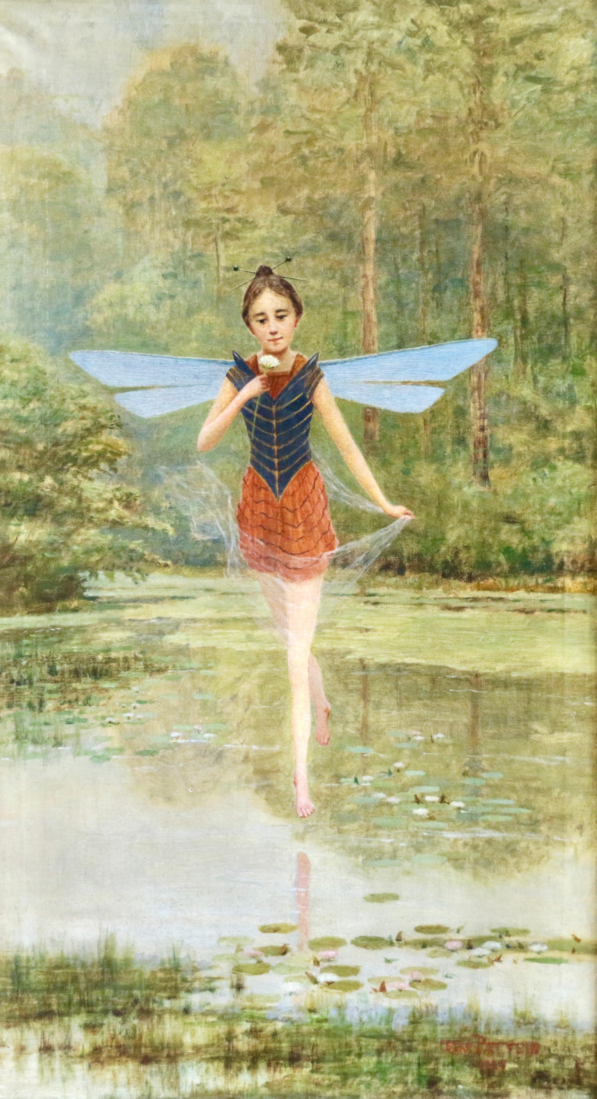 A Fairy - Early 20th Century Oil, Figure in Riverscape Landscape - Cesar Pattein - Painting by César Pattein