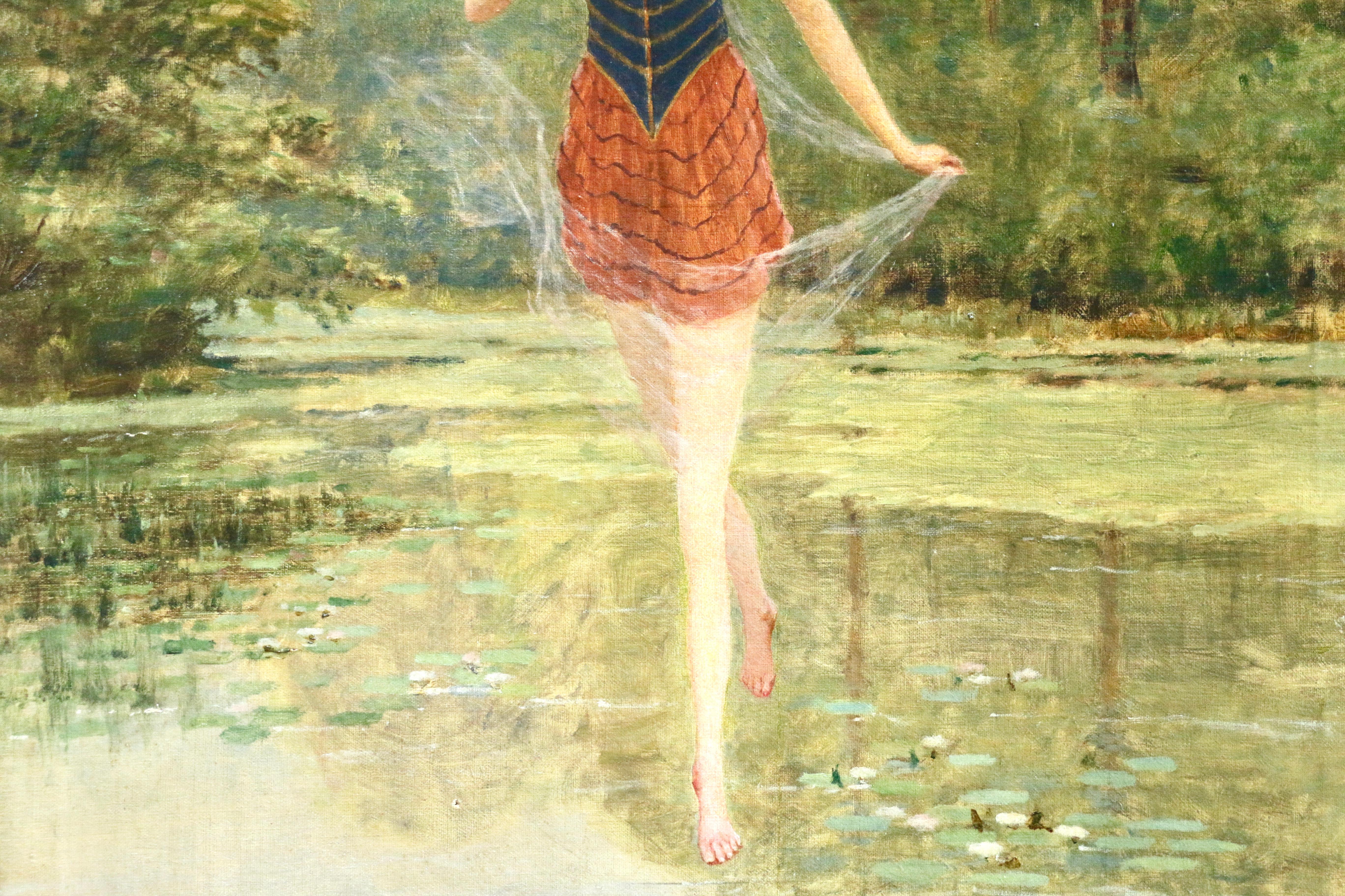 An elegant picture describing a fairy over the river holding a flower. Large oil on canvas by Cesar Pattein. Signed lower right and dated 1920.

César Pattein studied under Jules Breton. He was active from 1882 to 1914, and exhibited at the Salon