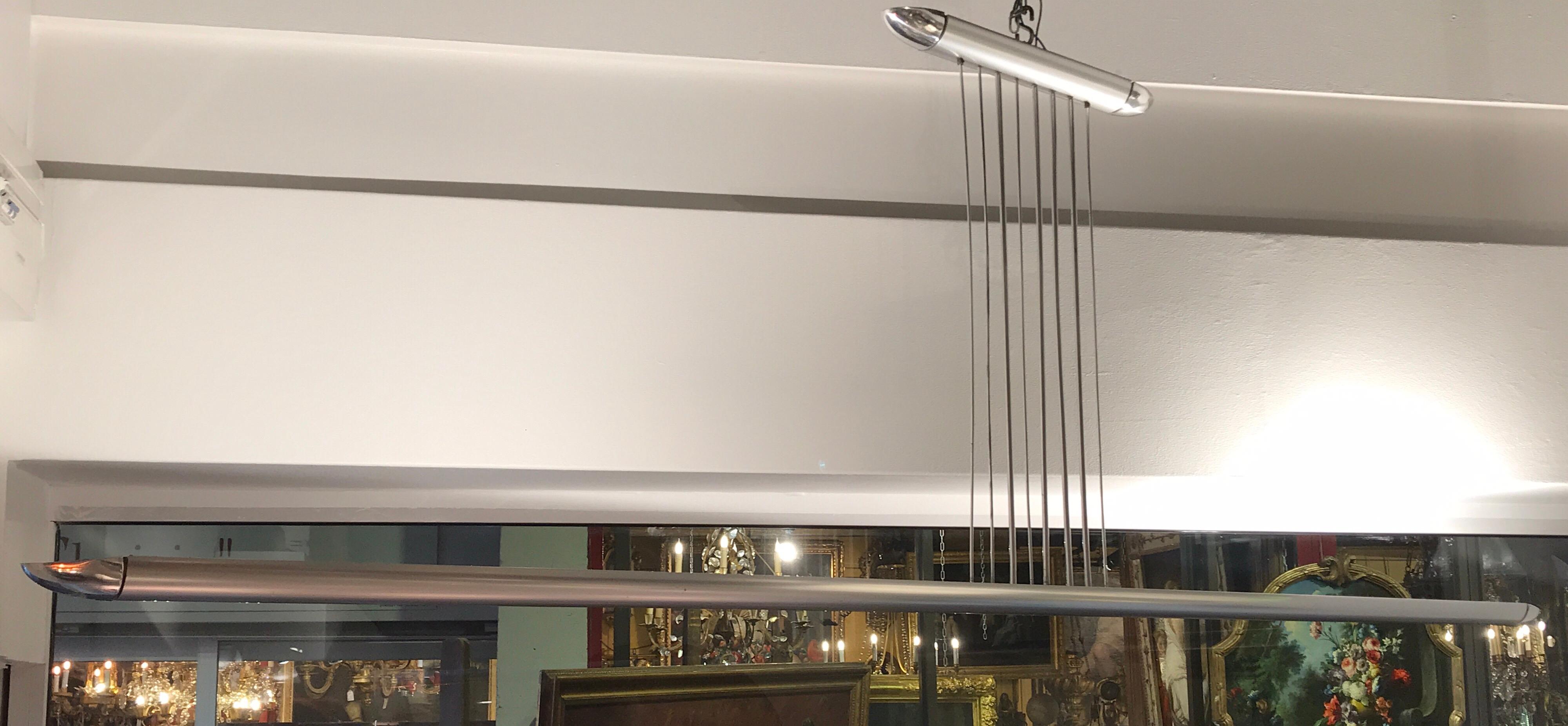 Suspended ceiling lamp, from 1969 designed by Cesar Putzeys for Verre et Lumiere .
Anodized aluminum, with 2 halogen bulbs.