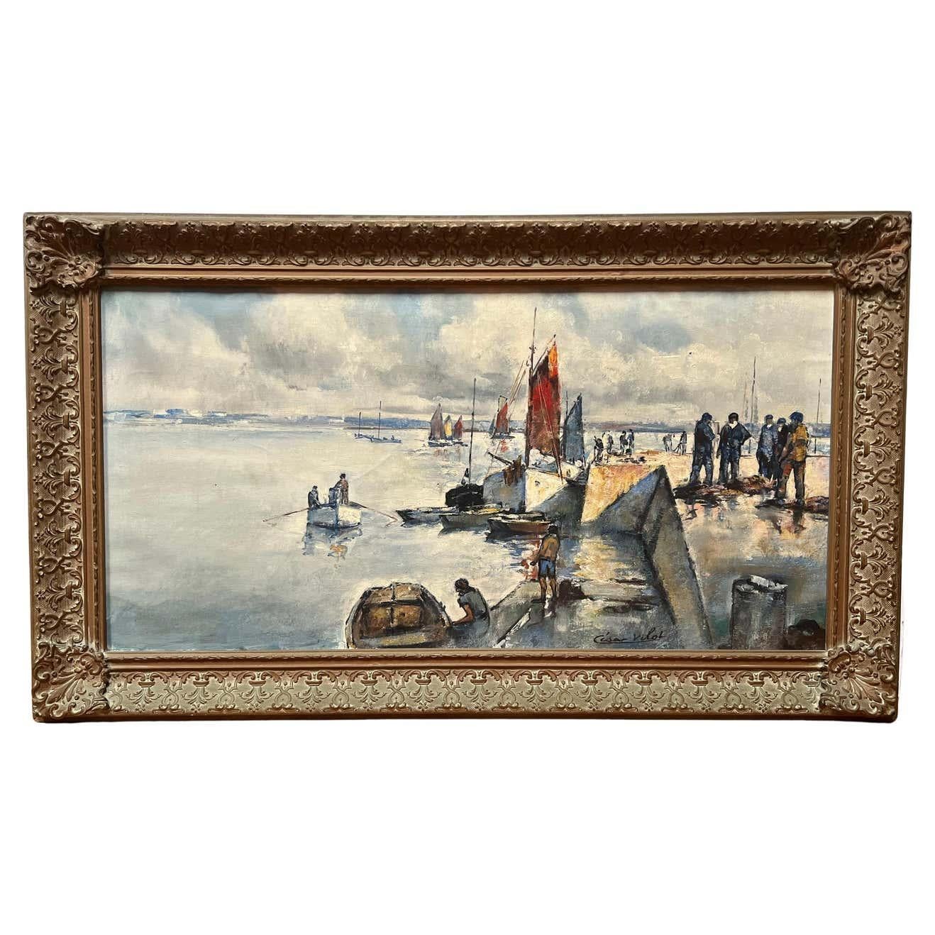 French Dock and Seascape by Cesar Vilol - Painting by Cesar Vilot