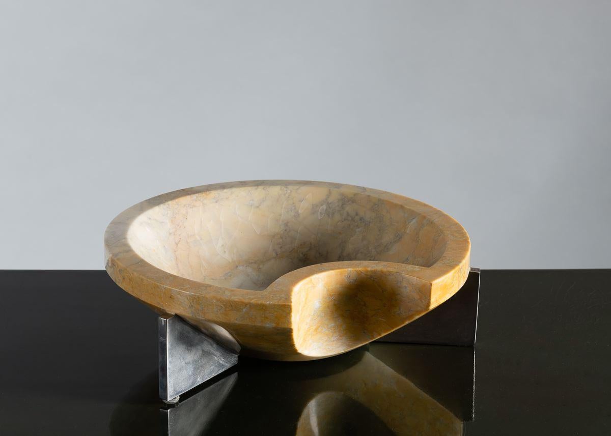 Hand-Carved Cesare Arduini, Sculpted Marble Dish on a Steel Base, United States, 2019