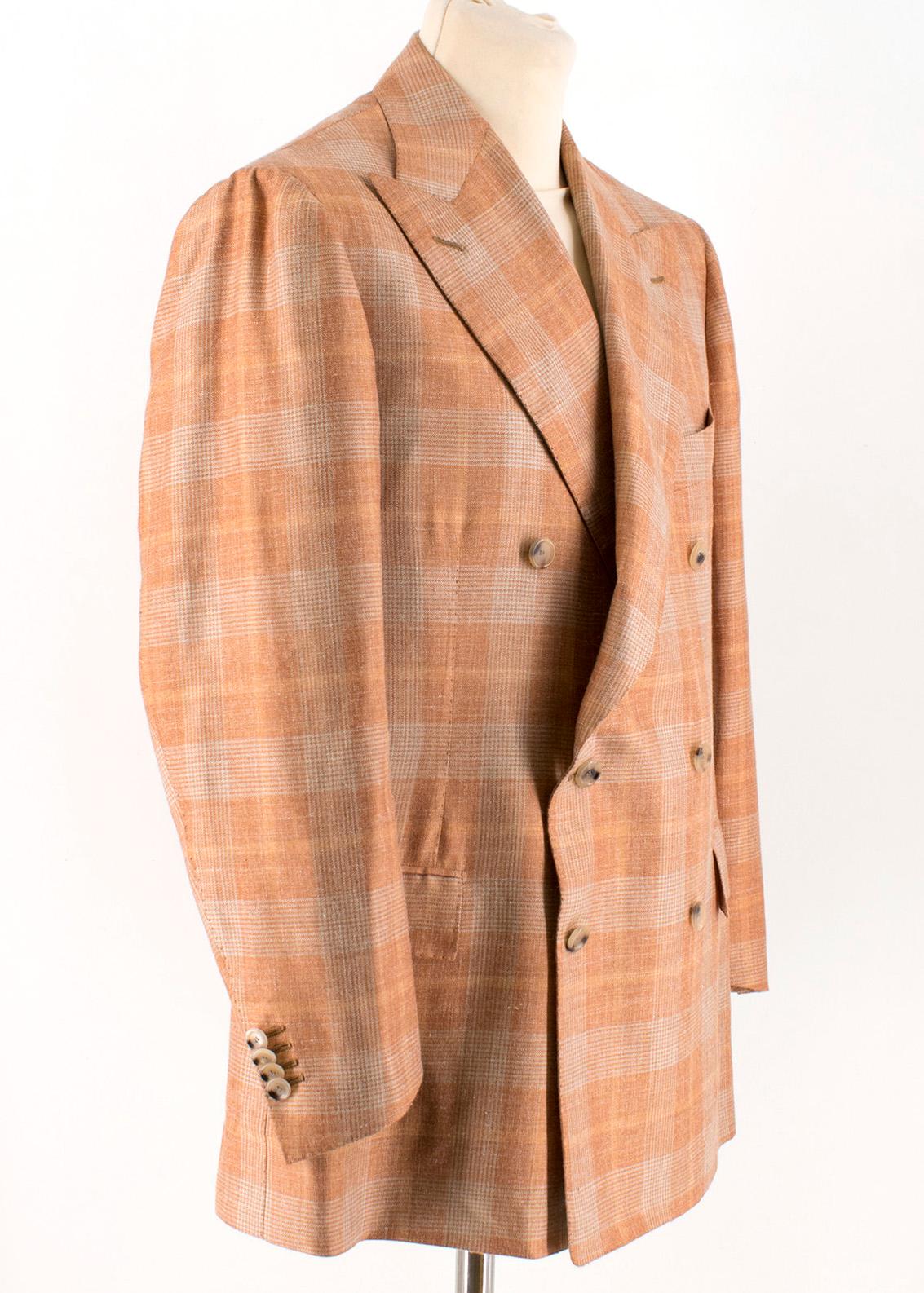 Cesare Attolini Bespoke Orange Checkered Suit Jacket 

- Orange Suit Jacket 
- Peak lapel, double breasted 
- Horn-effect buttoned center front and sleeves 
- Dual flap pockets, single chest slip pocket 

Please note, these items are pre-owned and