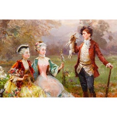 A Fine Quality Cesare Detti Painting of a Hunter and Two Ladies