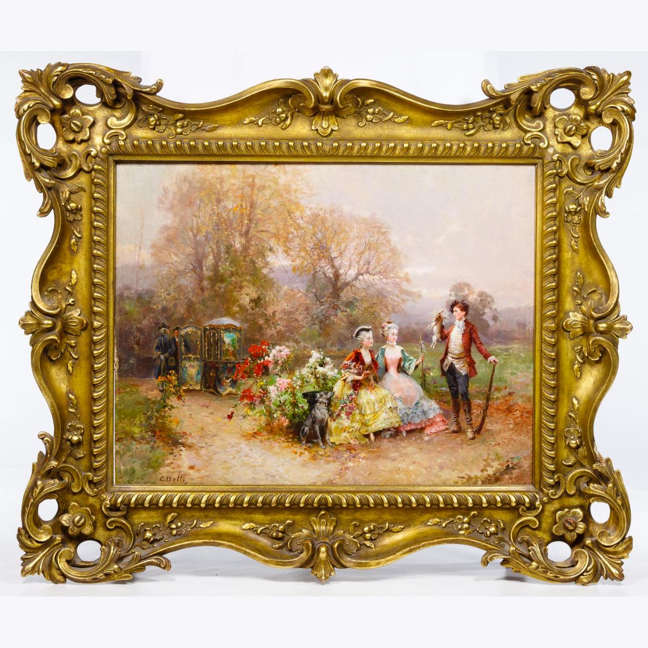 Portrait Painting Cesare Auguste Detti - Une peinture de Cesare Detti de qualité supérieure représentant un chasseur et deux femmes