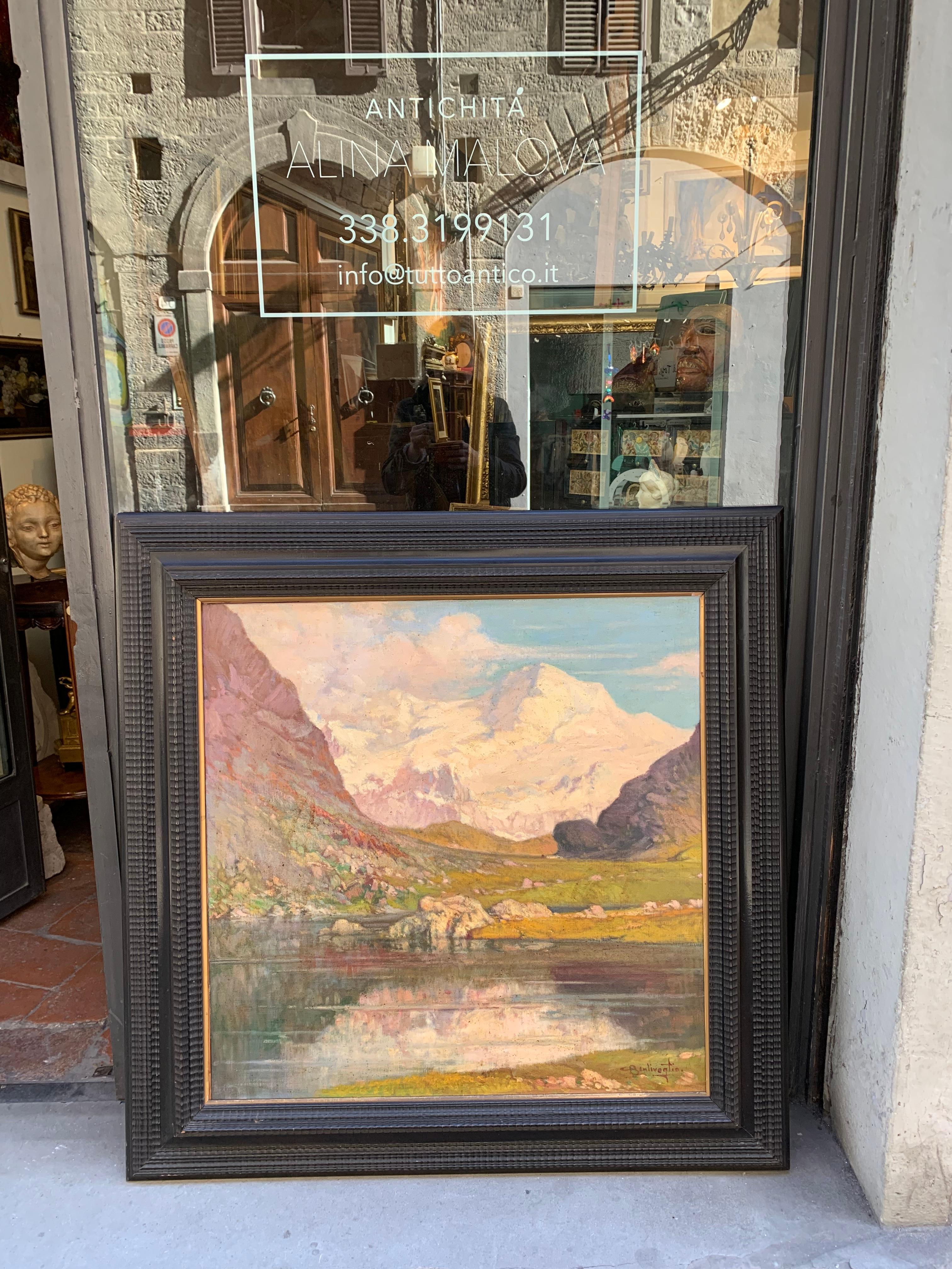 Ligurian Alps with snow-capped pink tinted peaks. Sign. C. Bentivoglio  For Sale 12