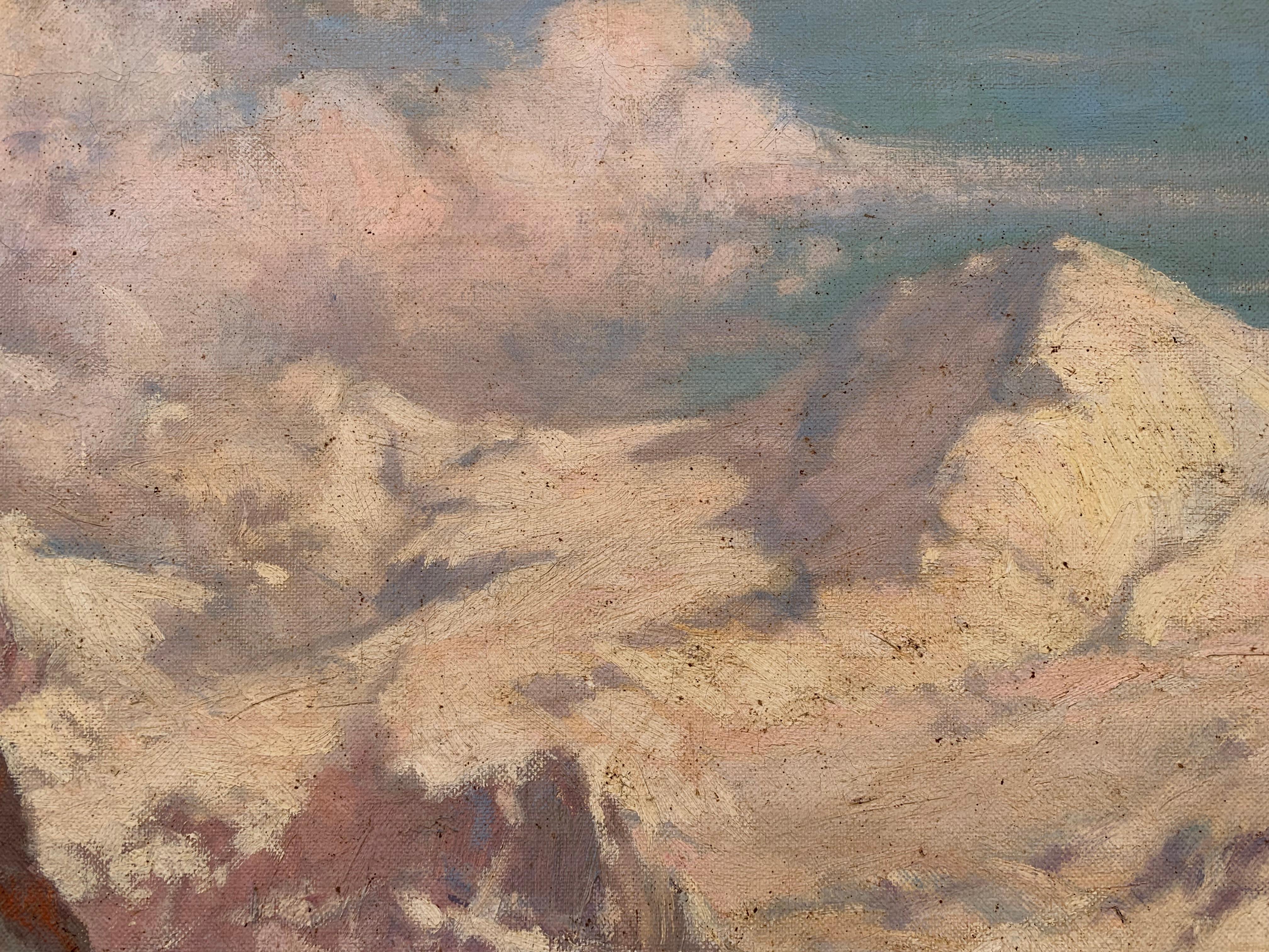 Ligurian Alps with snow-capped pink tinted peaks. Sign. C. Bentivoglio  - Painting by CESEARE BENTIVOGIO