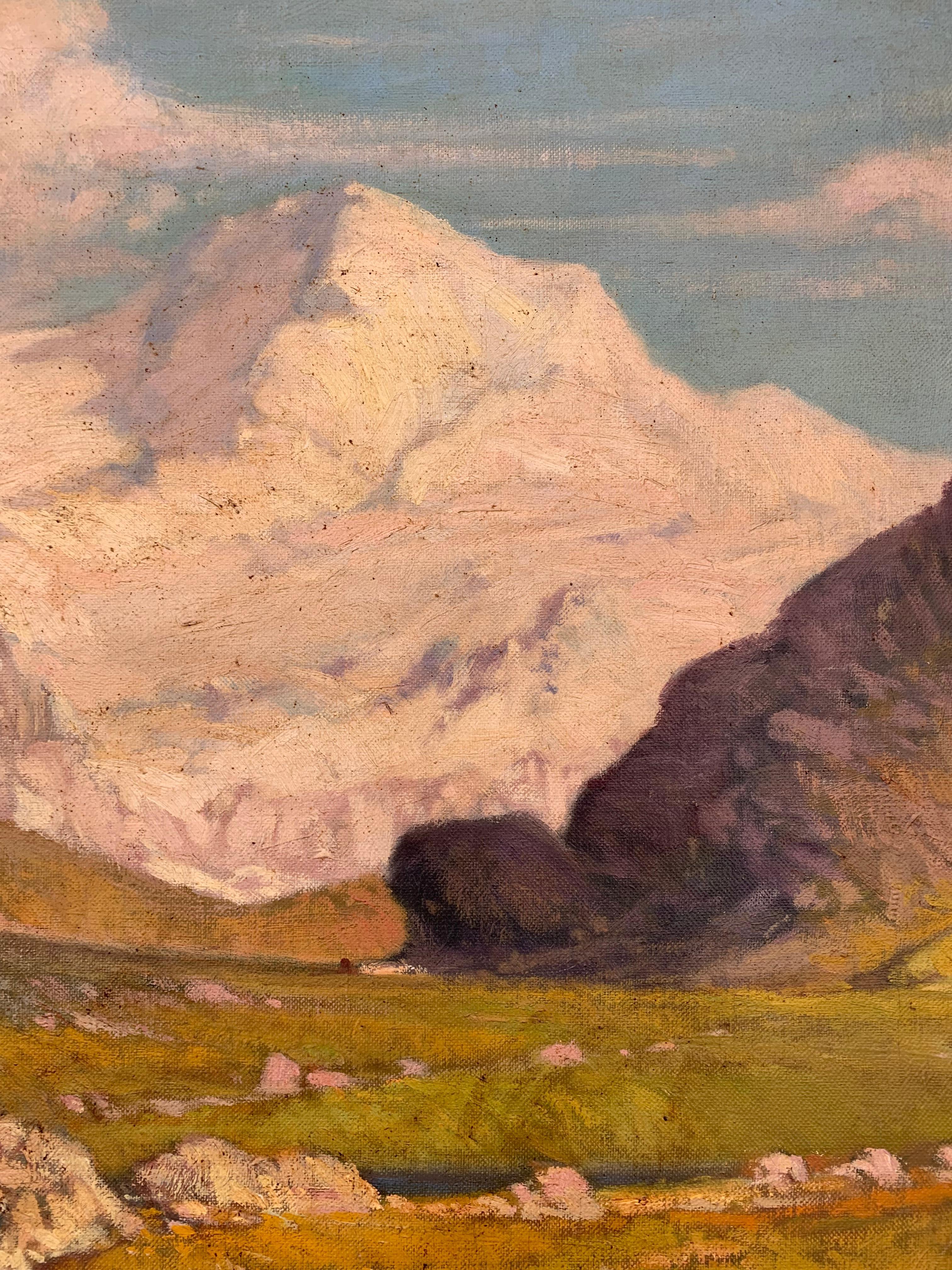 Ligurian Alps landscape with snow-capped peaks tinted by pink light. 

It's an oil on canvas depicting a mountain scene with a small rural building. 

The painting is of a rare, almost square format: it measures 101cm x 99cm with frame and is signed