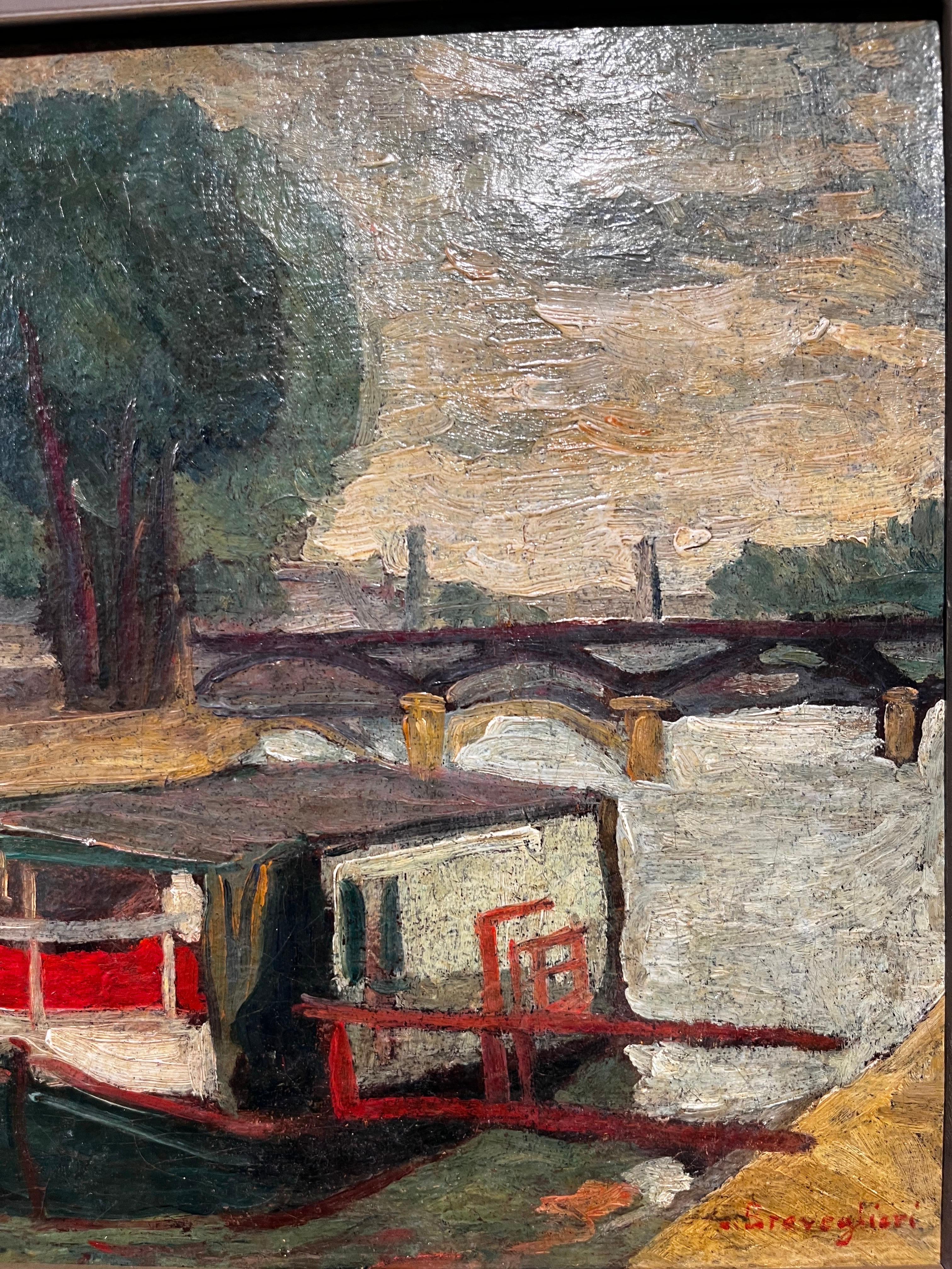 La Senna a Parigi   Olio cm. 42 x 34  1930 - Impressionist Painting by Cesare Breviglieri