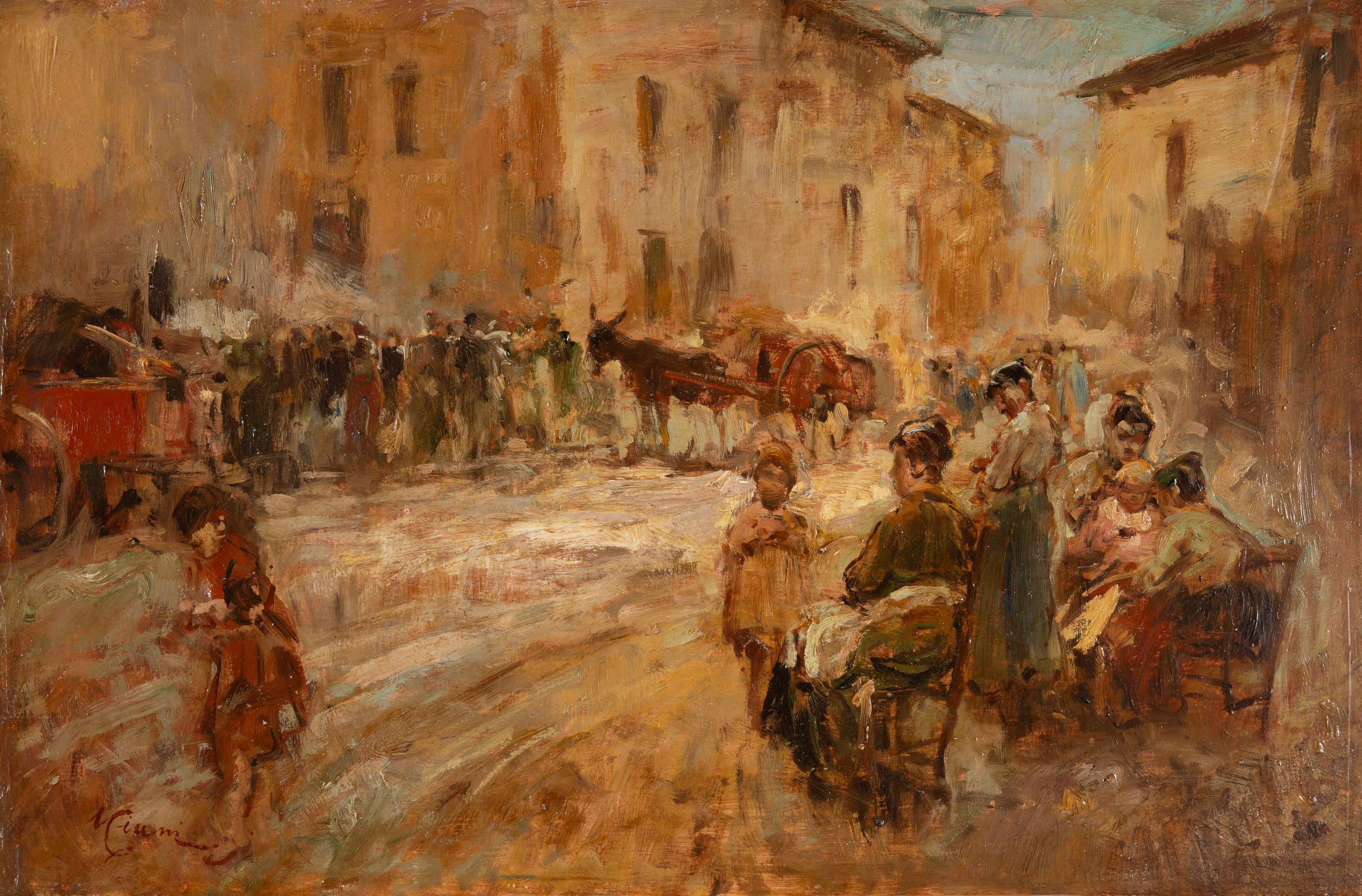 Cesare Ciani Landscape Painting - Village Market Scene, Impressionist Street Life Oil Painting