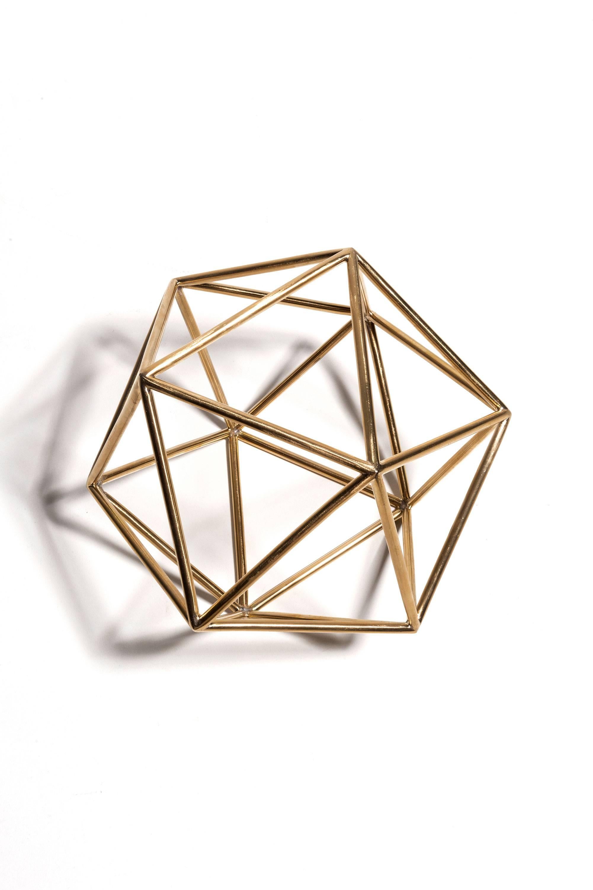 From the Platonic volumes series by Swiss artist Cesare De Vita, brass Icosahedron
Each rod measures 10 cm and has a diameter of 0.5 cm.
More sizes available made to order, rods up to 20 cm and 0.7 cm diameter.